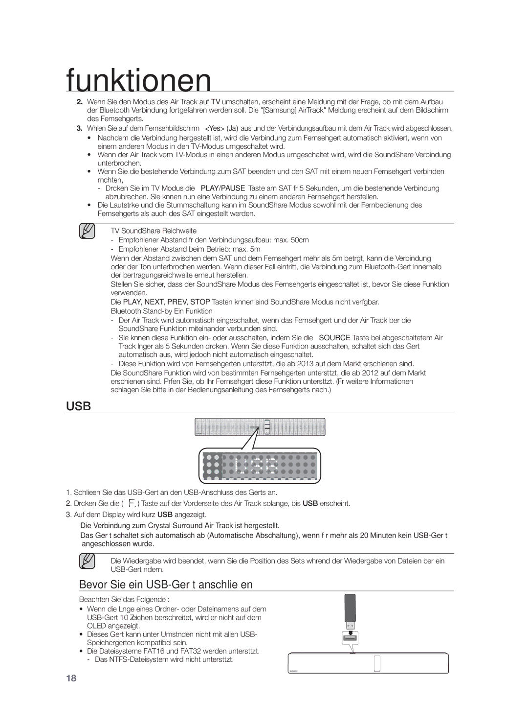 Samsung HW-F750/ZF, HW-F751/XN, HW-F751/TK, HW-F751/EN manual Bevor Sie ein USB-Gerät anschließen, Beachten Sie das Folgende 