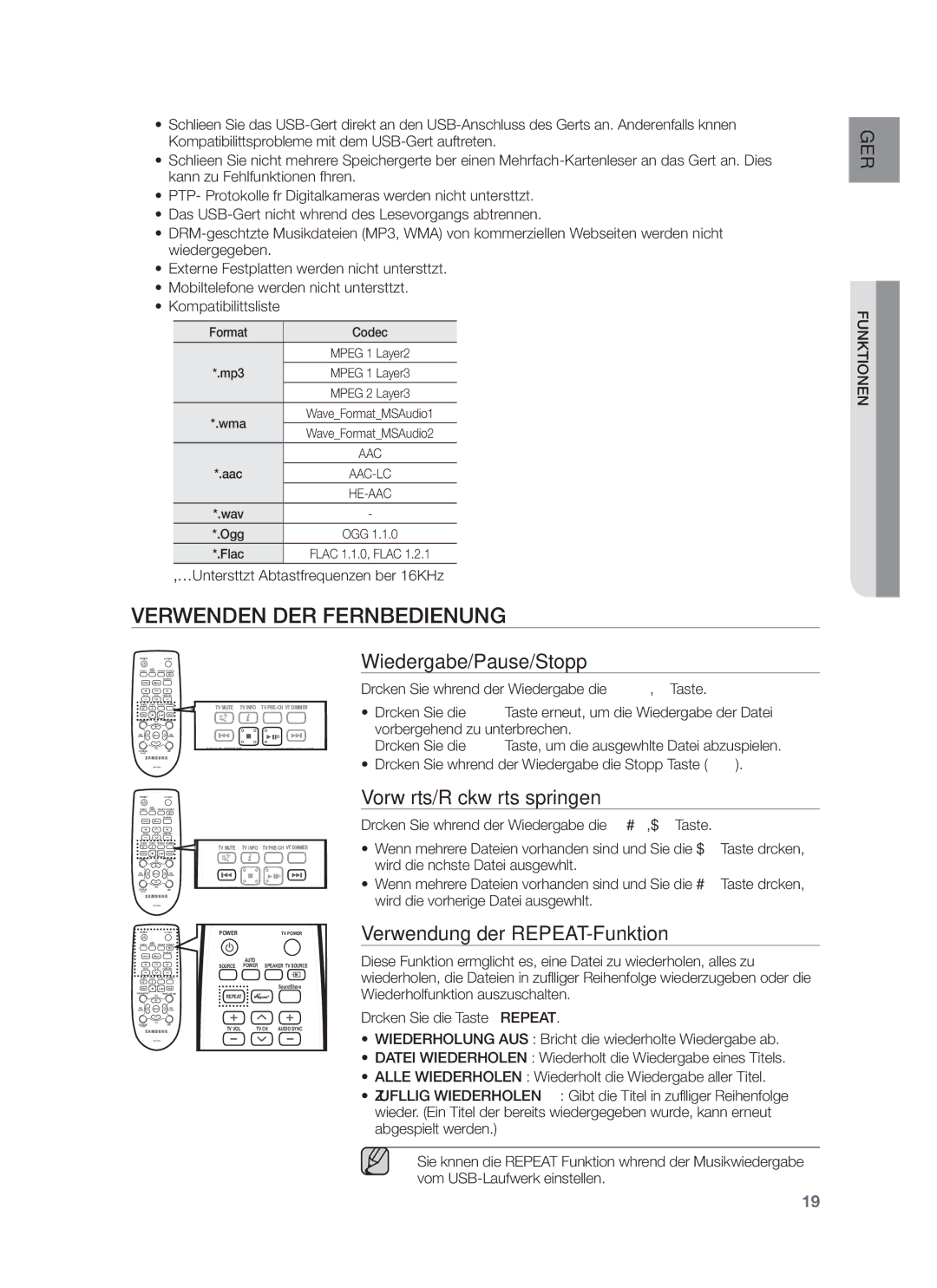 Samsung HW-F751/ZF, HW-F751/XN, HW-F751/TK Verwenden DER Fernbedienung, Wiedergabe/Pause/Stopp, Vorwärts/Rückwärts springen 