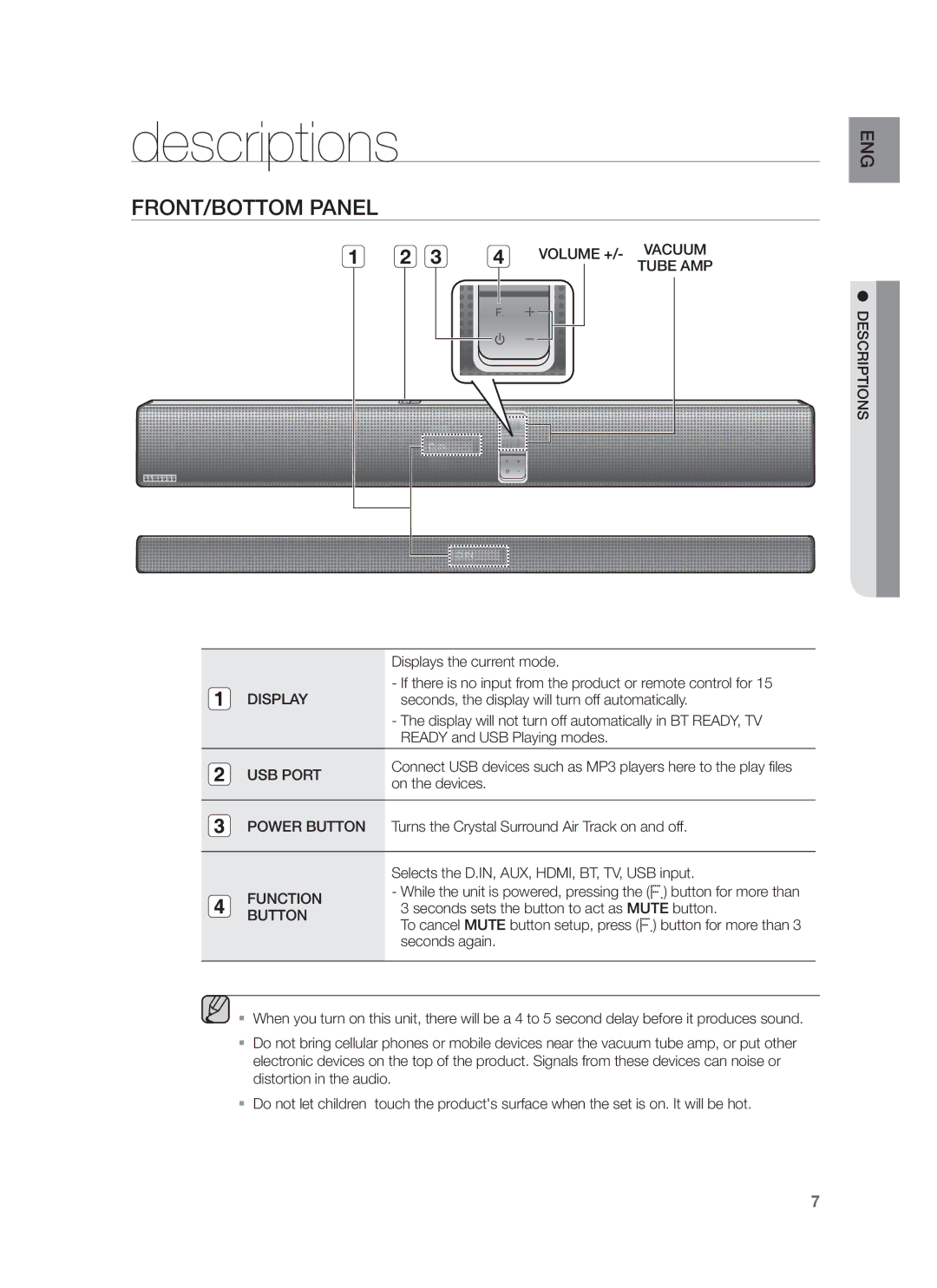 Samsung HW-F750/XE, HW-F751/XN, HW-F751/TK, HW-F751/EN, HW-F750/XN, HW-F750/EN, HW-F750/ZF Descriptions, FRONT/BOTTOM Panel 