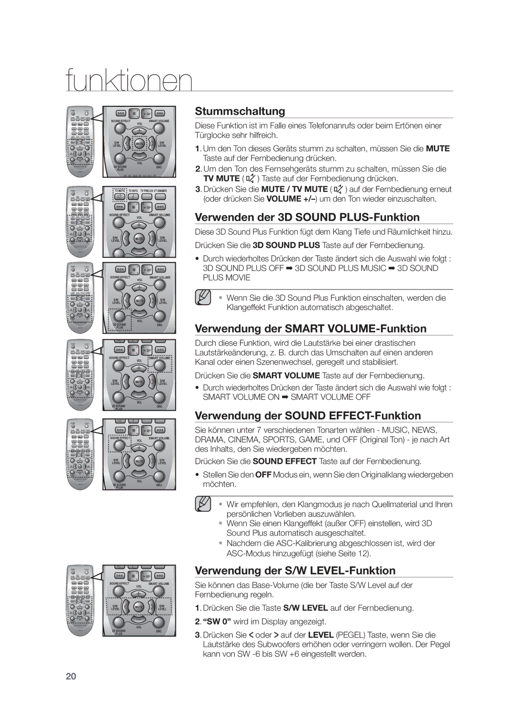 Samsung HW-F750/XE, HW-F751/XN Stummschaltung, Verwenden der 3D Sound PLUS-Funktion, Verwendung der Smart VOLUME-Funktion 