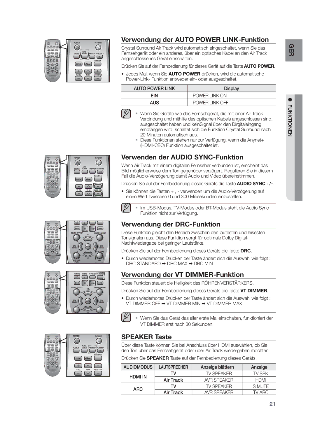 Samsung HW-F751/XE Verwendung der Auto Power LINK-Funktion, Verwenden der Audio SYNC-Funktion, Verwendung der DRC-Funktion 