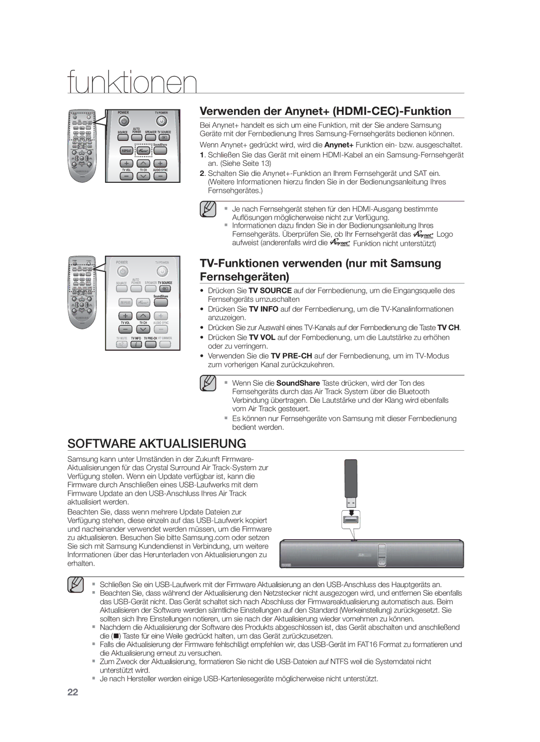 Samsung HW-F751/XN, HW-F751/TK, HW-F751/EN, HW-F750/XN manual Software Aktualisierung, Verwenden der Anynet+ HDMI-CEC-Funktion 