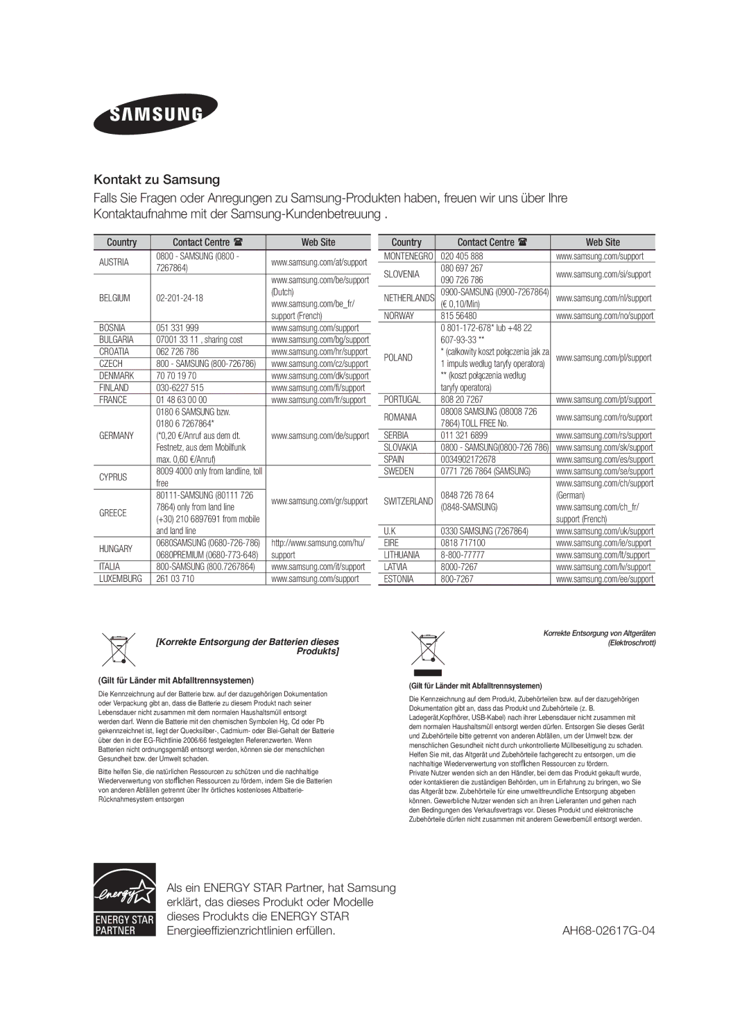 Samsung HW-F750/XN, HW-F751/XN, HW-F751/TK, HW-F751/EN, HW-F750/EN, HW-F750/ZF manual Gilt für Länder mit Abfalltrennsystemen 