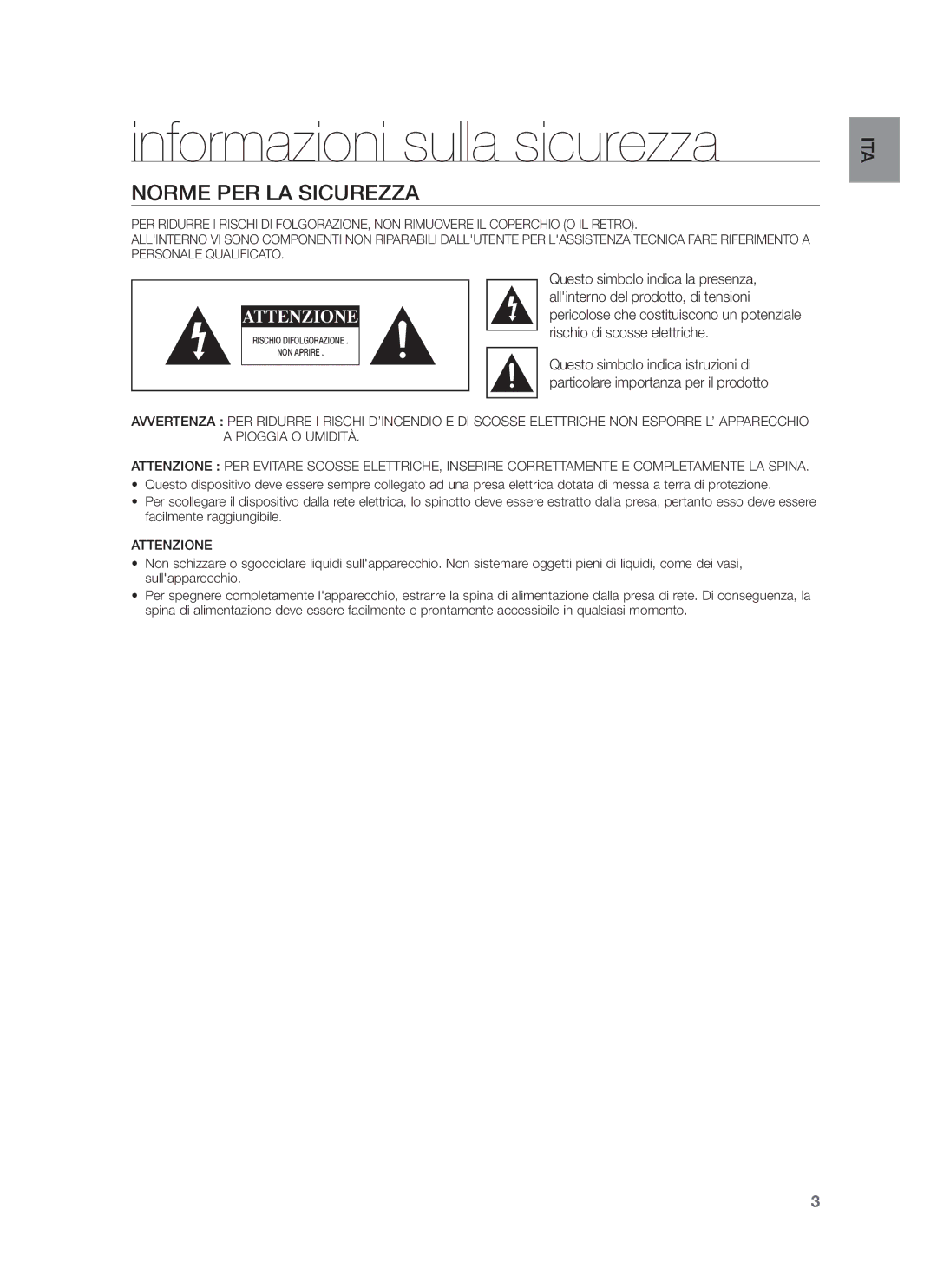 Samsung HW-F751/ZF, HW-F751/XN, HW-F751/TK, HW-F751/EN, HW-F750/XN manual Informazioni sulla sicurezza, Norme PER LA Sicurezza 