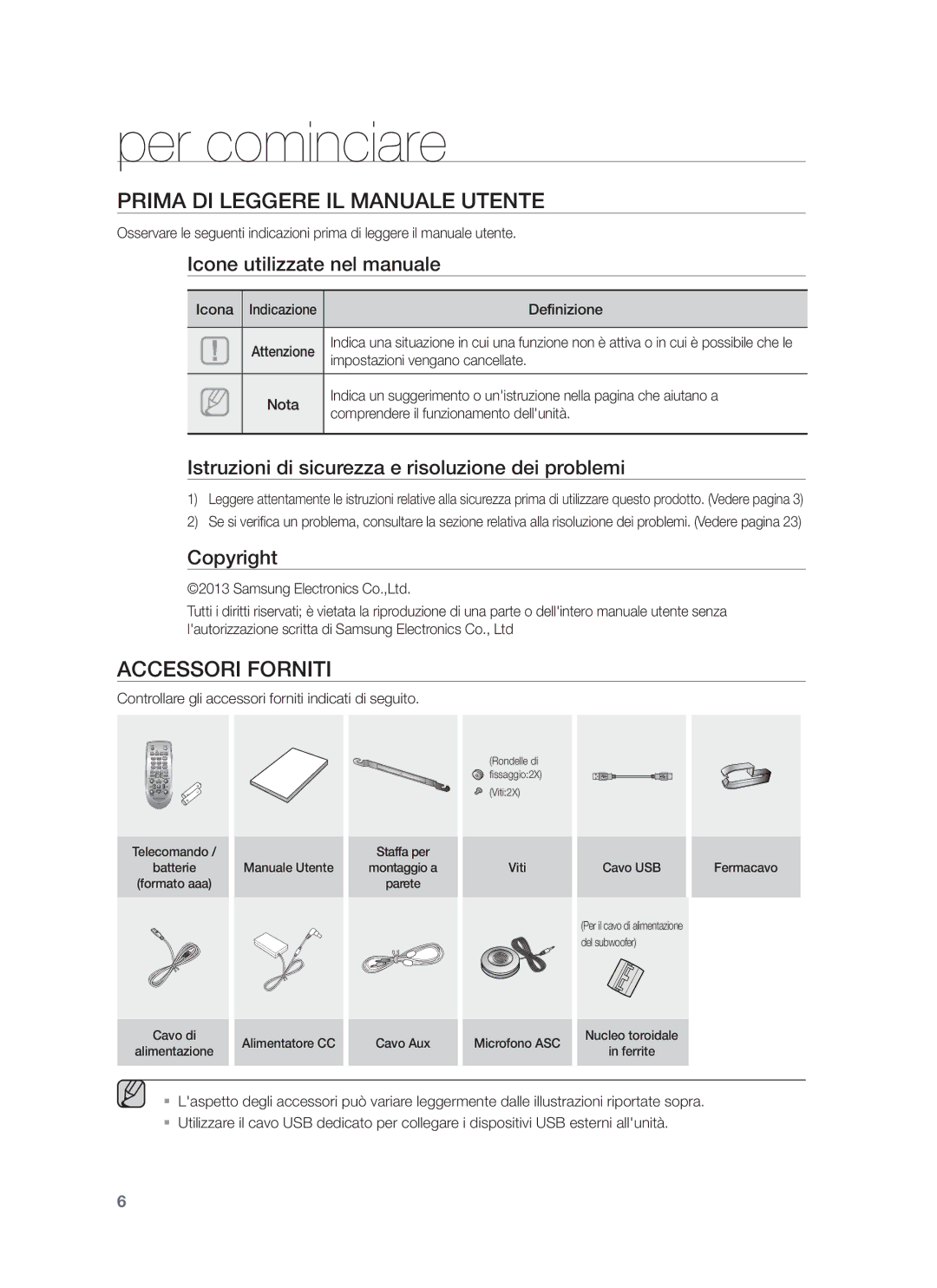 Samsung HW-F751/XN, HW-F751/TK, HW-F751/EN, HW-F750/XN Per cominciare, Prima DI Leggere IL Manuale Utente, Accessori Forniti 