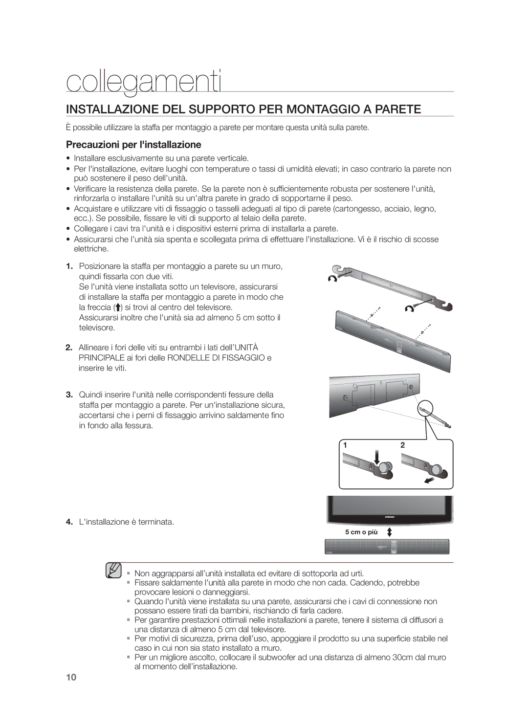 Samsung HW-F750/EN, HW-F751/XN, HW-F751/TK, HW-F751/EN manual Collegamenti, Installazione DEL Supporto PER Montaggio a Parete 