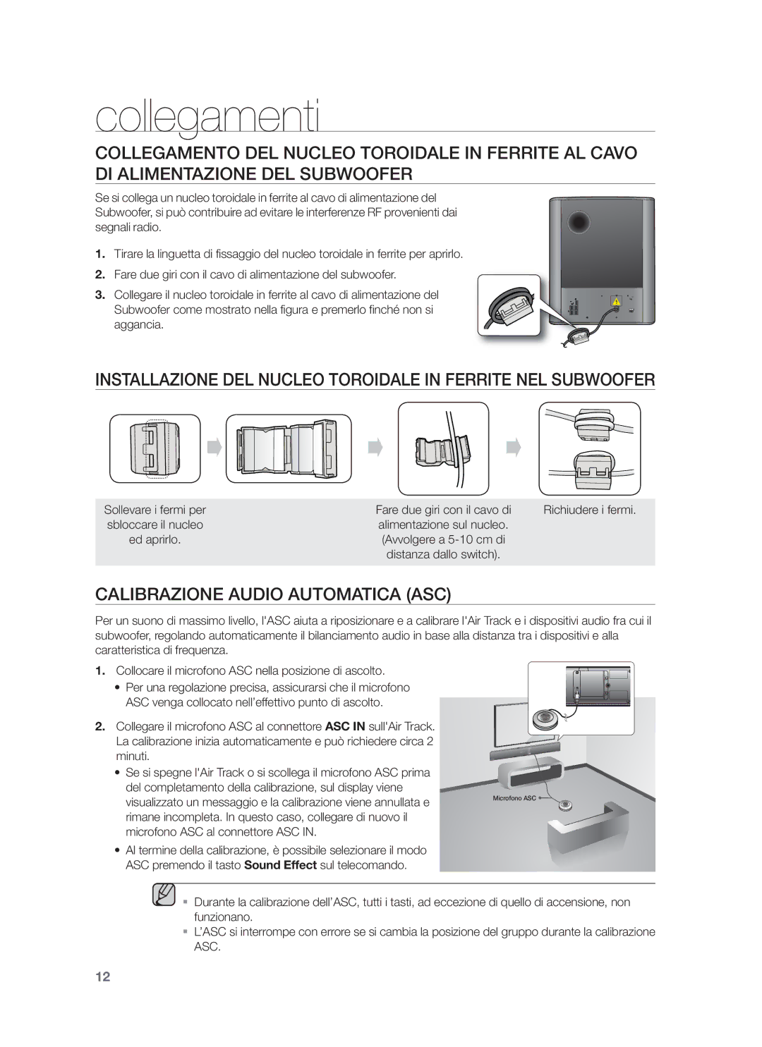 Samsung HW-F751/ZF manual Installazione DEL Nucleo Toroidale in Ferrite NEL Subwoofer, Calibrazione Audio Automatica ASC 