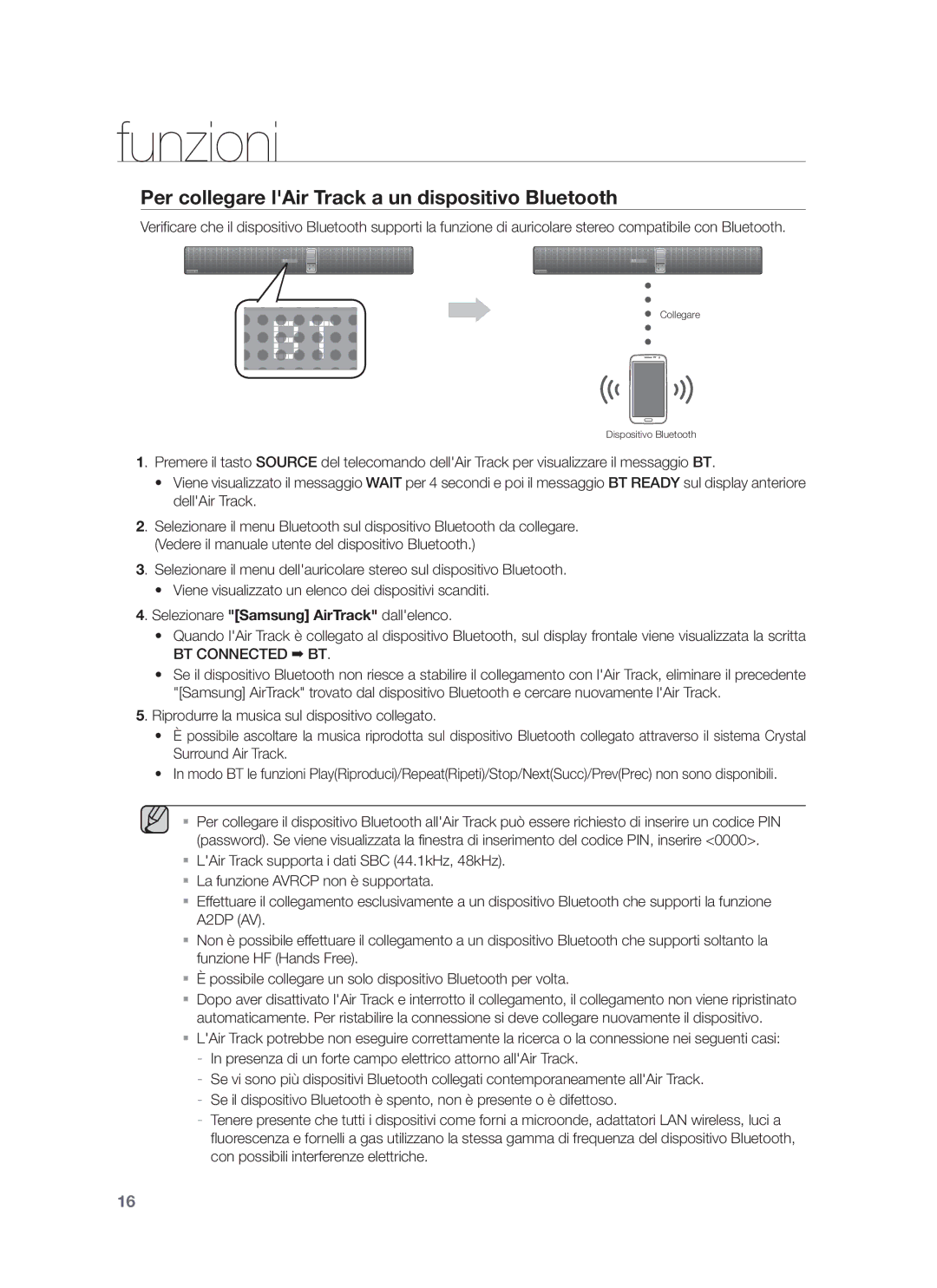 Samsung HW-F751/TK, HW-F751/XN, HW-F751/EN, HW-F750/XN Per collegare lAir Track a un dispositivo Bluetooth, BT Connected BT 