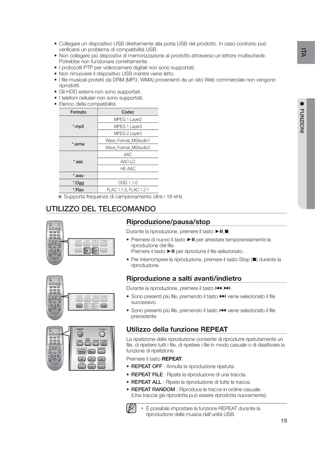 Samsung HW-F750/EN, HW-F751/XN Utilizzo DEL Telecomando, Riproduzione/pausa/stop, Riproduzione a salti avanti/indietro 