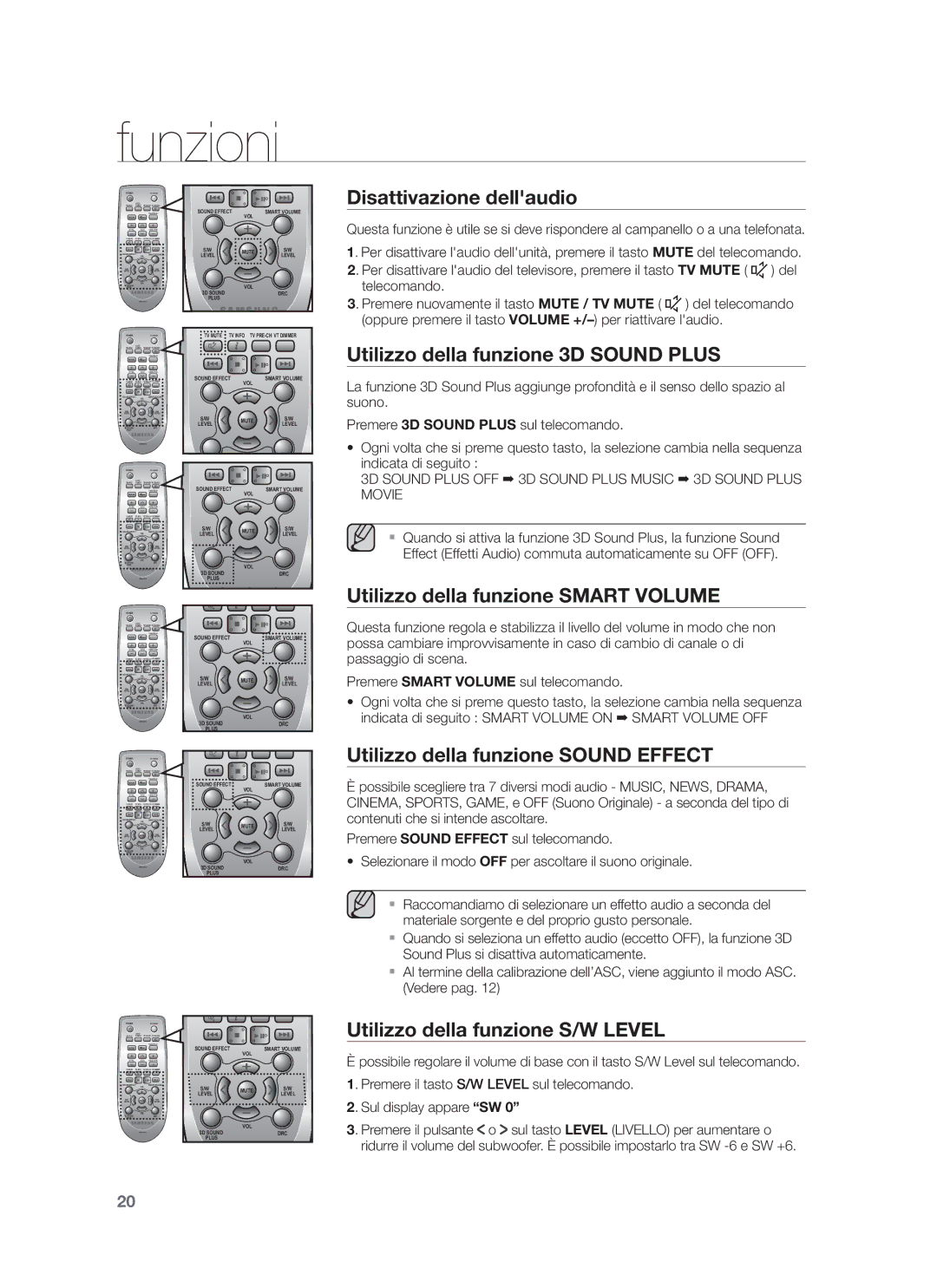 Samsung HW-F750/ZF Disattivazione dellaudio, Utilizzo della funzione 3D Sound Plus, Utilizzo della funzione Smart Volume 