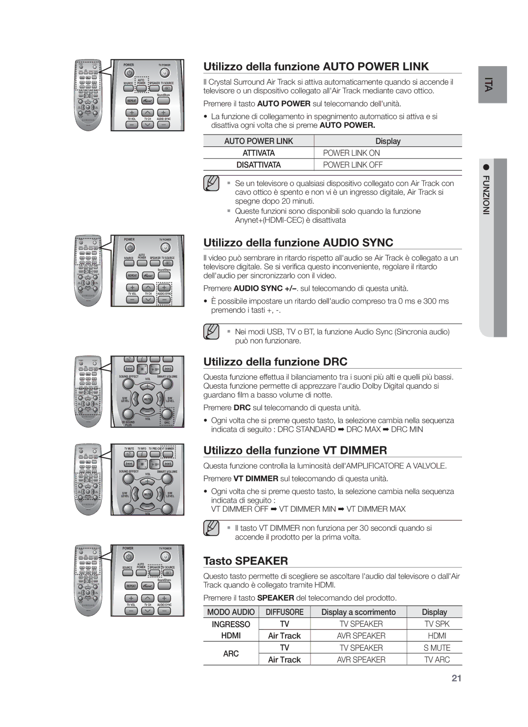 Samsung HW-F751/ZF, HW-F751/XN Utilizzo della funzione Auto Power Link, Utilizzo della funzione Audio Sync, Tasto Speaker 