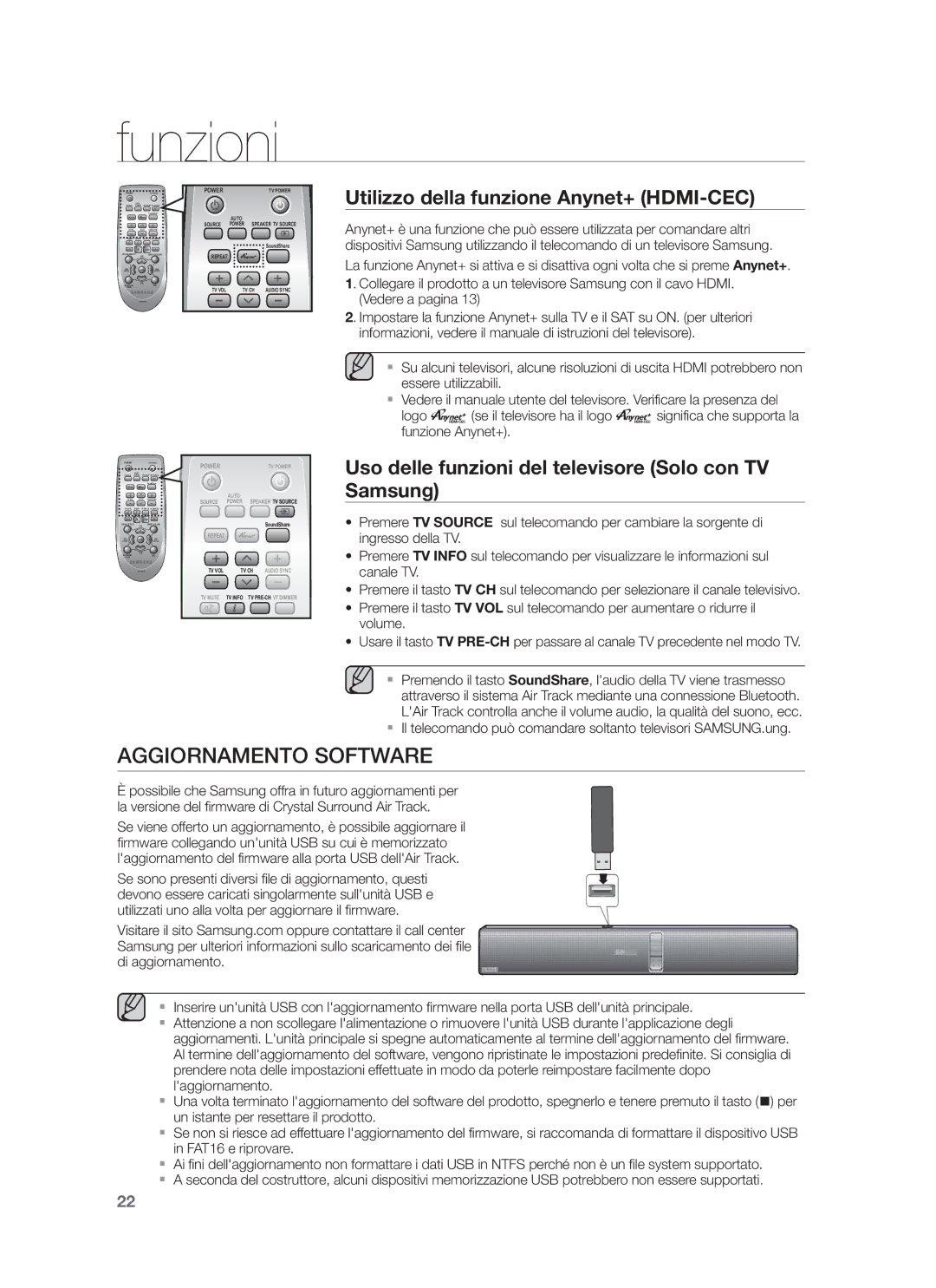 Samsung HW-F750/XE, HW-F751/XN, HW-F751/TK, HW-F751/EN manual Aggiornamento Software, Utilizzo della funzione Anynet+ HDMI-CEC 