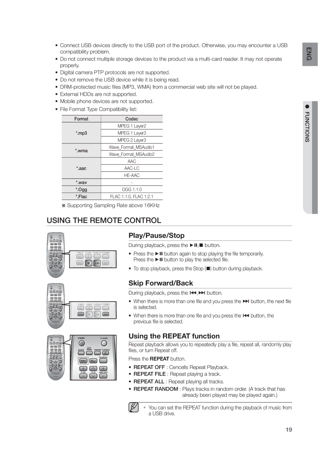 Samsung HW-F751/TK, HW-F751/XN Using the Remote Control, Play/Pause/Stop, Skip Forward/Back, Using the Repeat function 