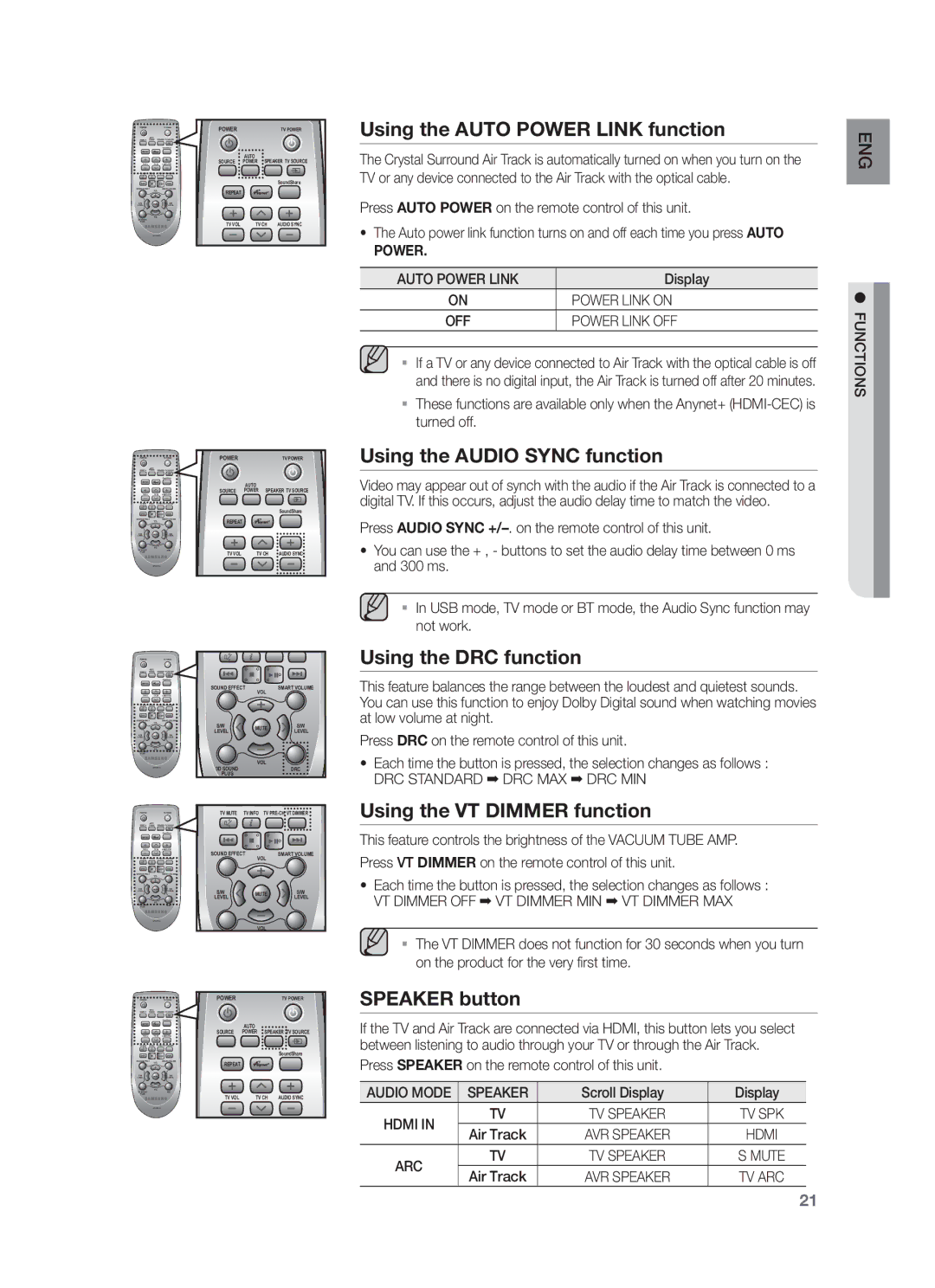 Samsung HW-F750/XN, HW-F751/XN Using the Auto Power Link function, Using the Audio Sync function, Using the DRC function 