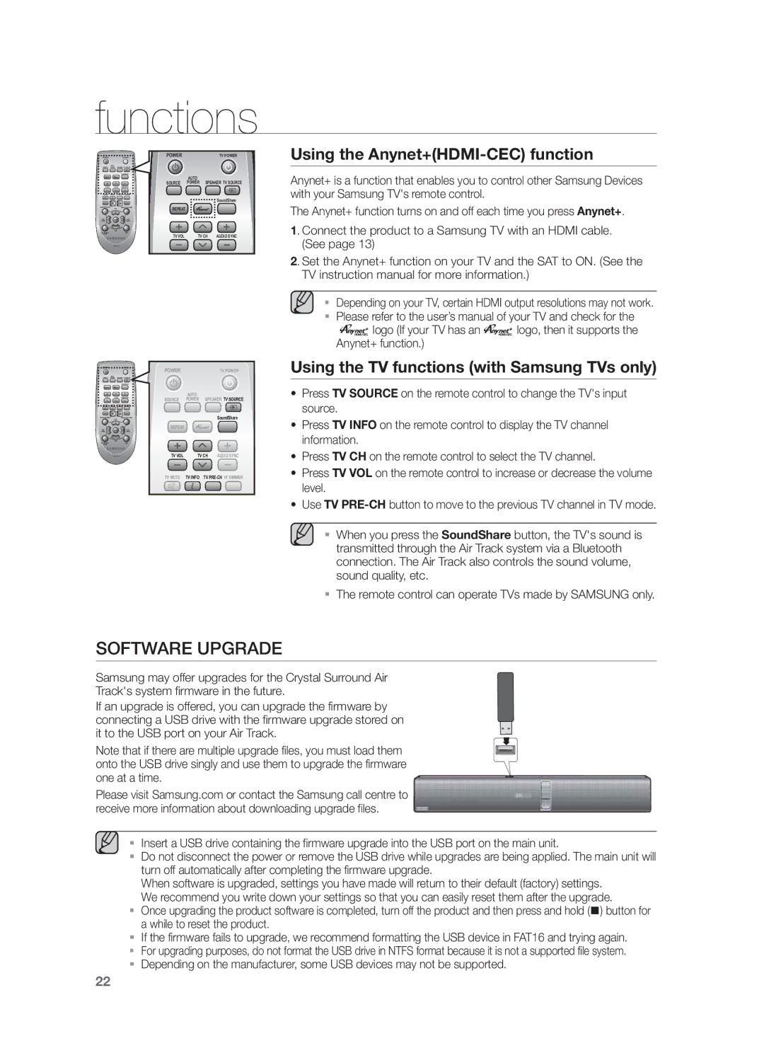 Samsung HW-F750/EN Software Upgrade, Using the Anynet+HDMI-CEC function, Using the TV functions with Samsung TVs only 