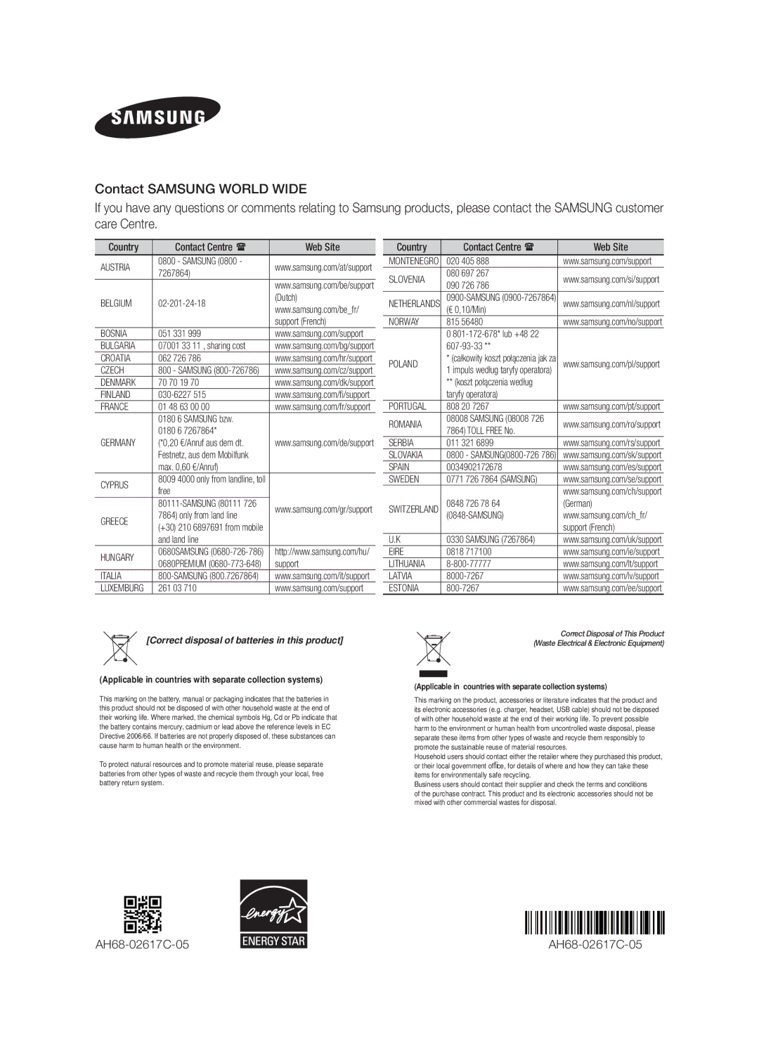 Samsung HW-F750/XE, HW-F751/XN, HW-F751/TK, HW-F751/EN, HW-F750/XN, HW-F750/EN AH68-02617C-05, Country Contact Centre Web Site 