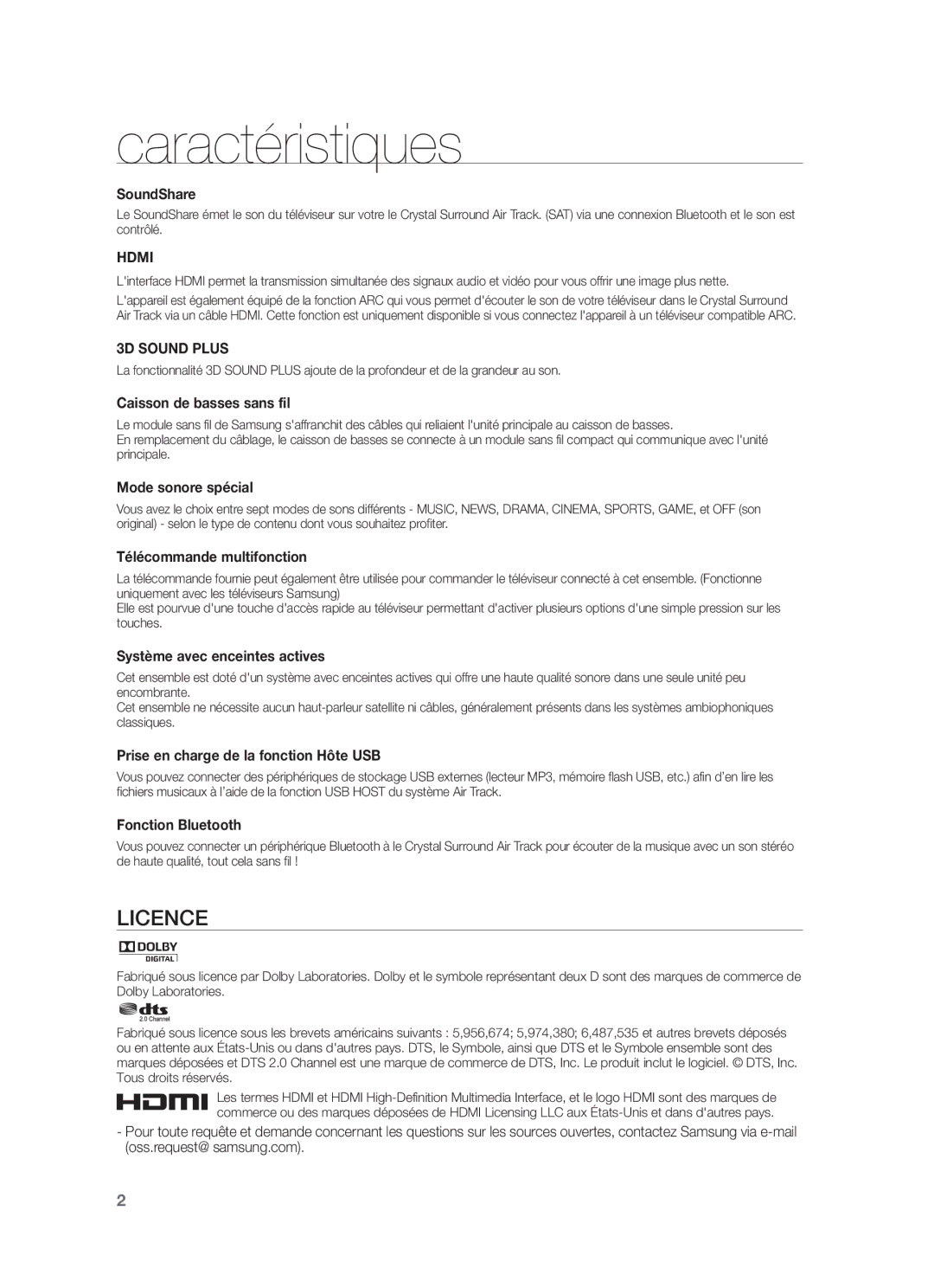 Samsung HW-F751/EN, HW-F751/XN, HW-F751/TK, HW-F750/XN, HW-F750/EN, HW-F750/ZF, HW-F751/ZF manual Caractéristiques, Licence 