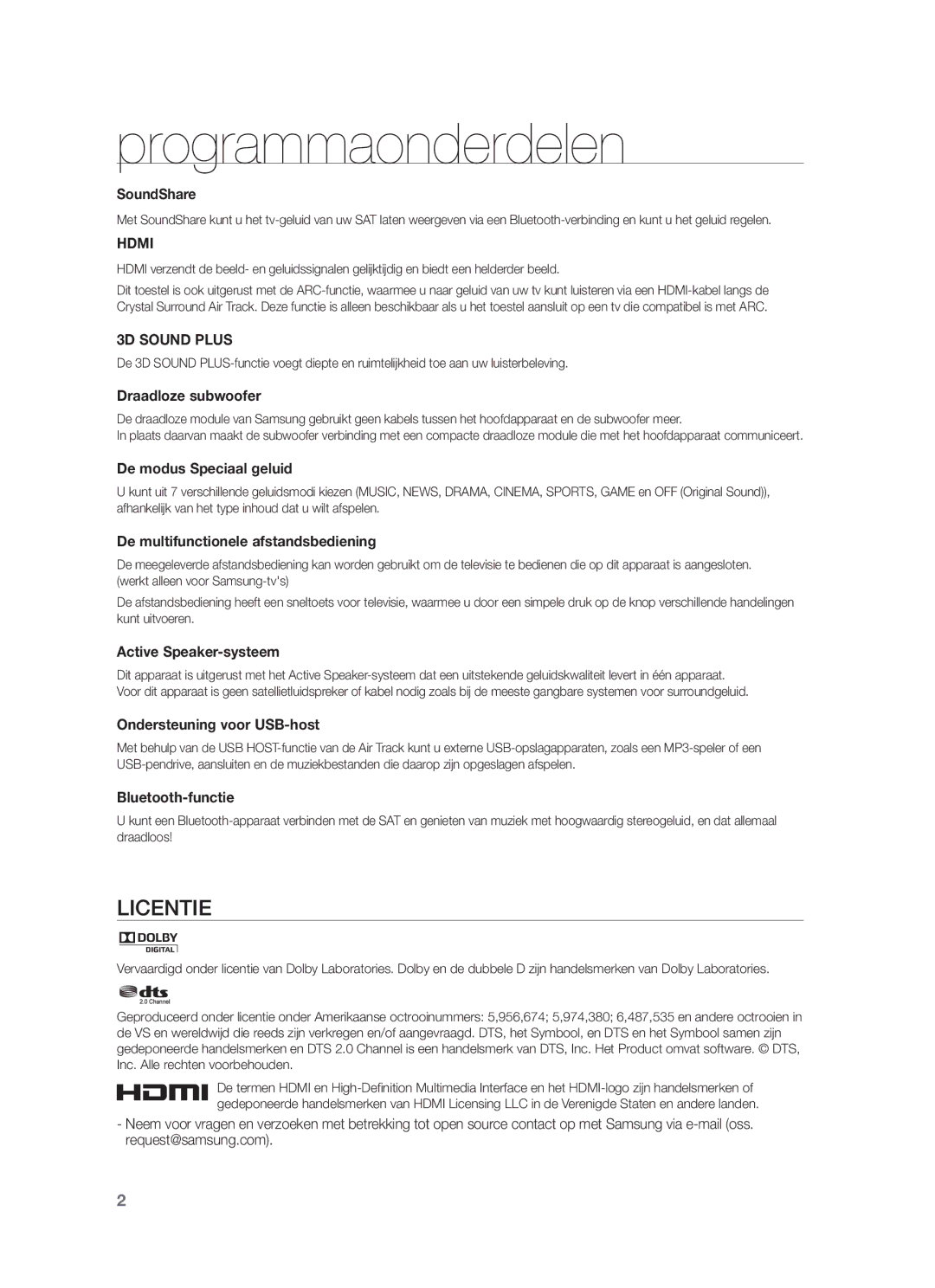 Samsung HW-F751/ZF, HW-F751/XN, HW-F751/TK, HW-F751/EN, HW-F750/XN, HW-F750/EN, HW-F750/ZF manual Programmaonderdelen, Licentie 