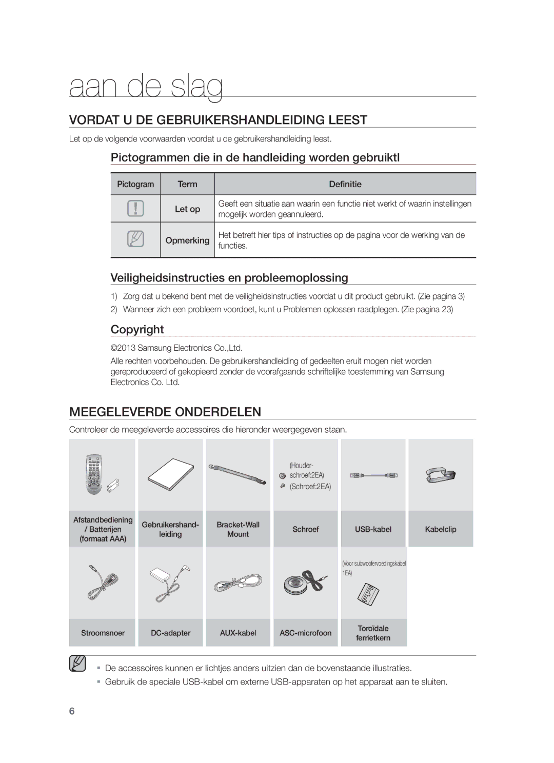 Samsung HW-F750/XN, HW-F751/XN, HW-F751/TK Aan de slag, Vordat U DE Gebruikershandleiding Leest, Meegeleverde Onderdelen 