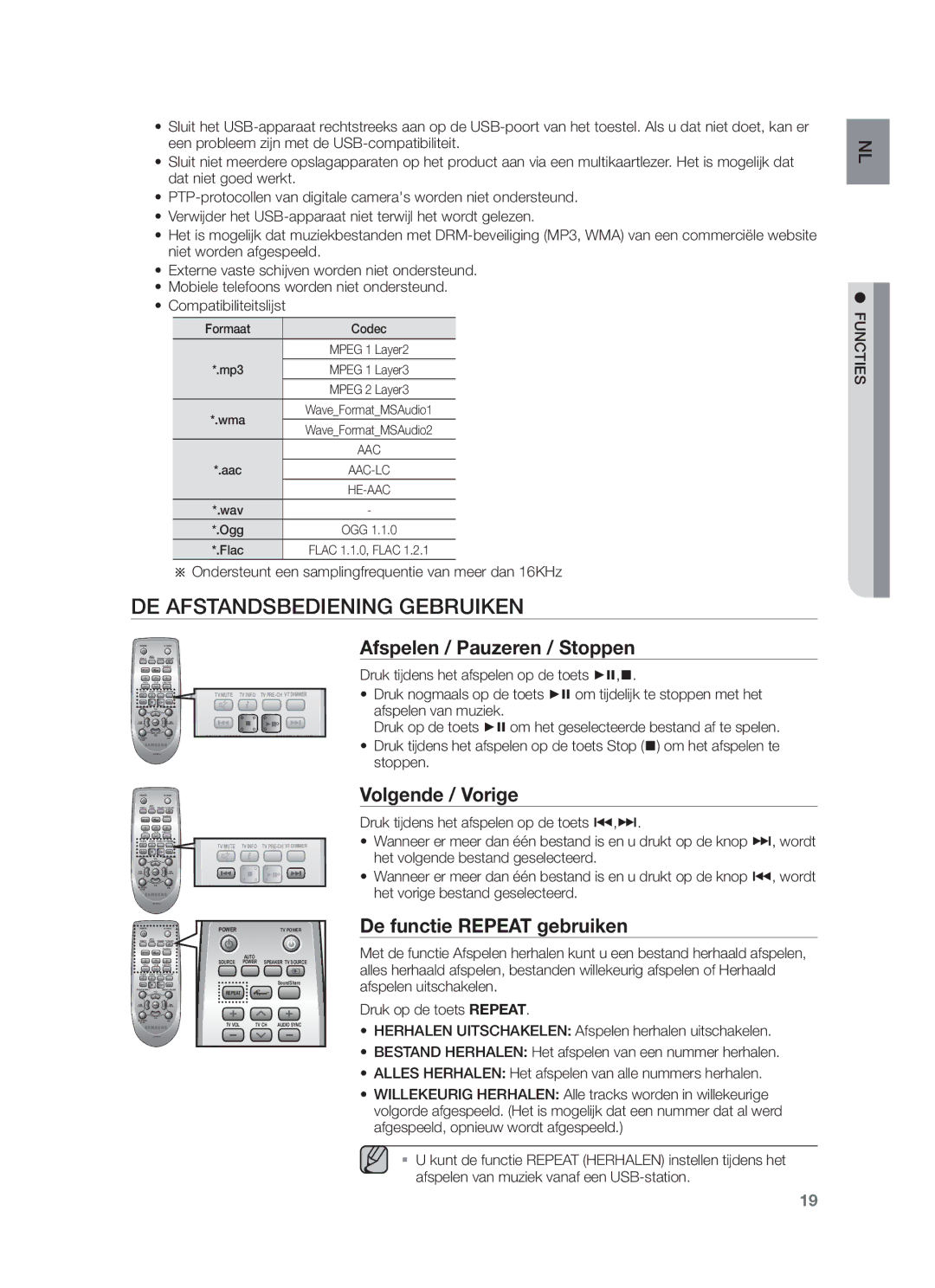 Samsung HW-F751/EN, HW-F751/XN, HW-F751/TK DE Afstandsbediening Gebruiken, Afspelen / Pauzeren / Stoppen, Volgende / Vorige 