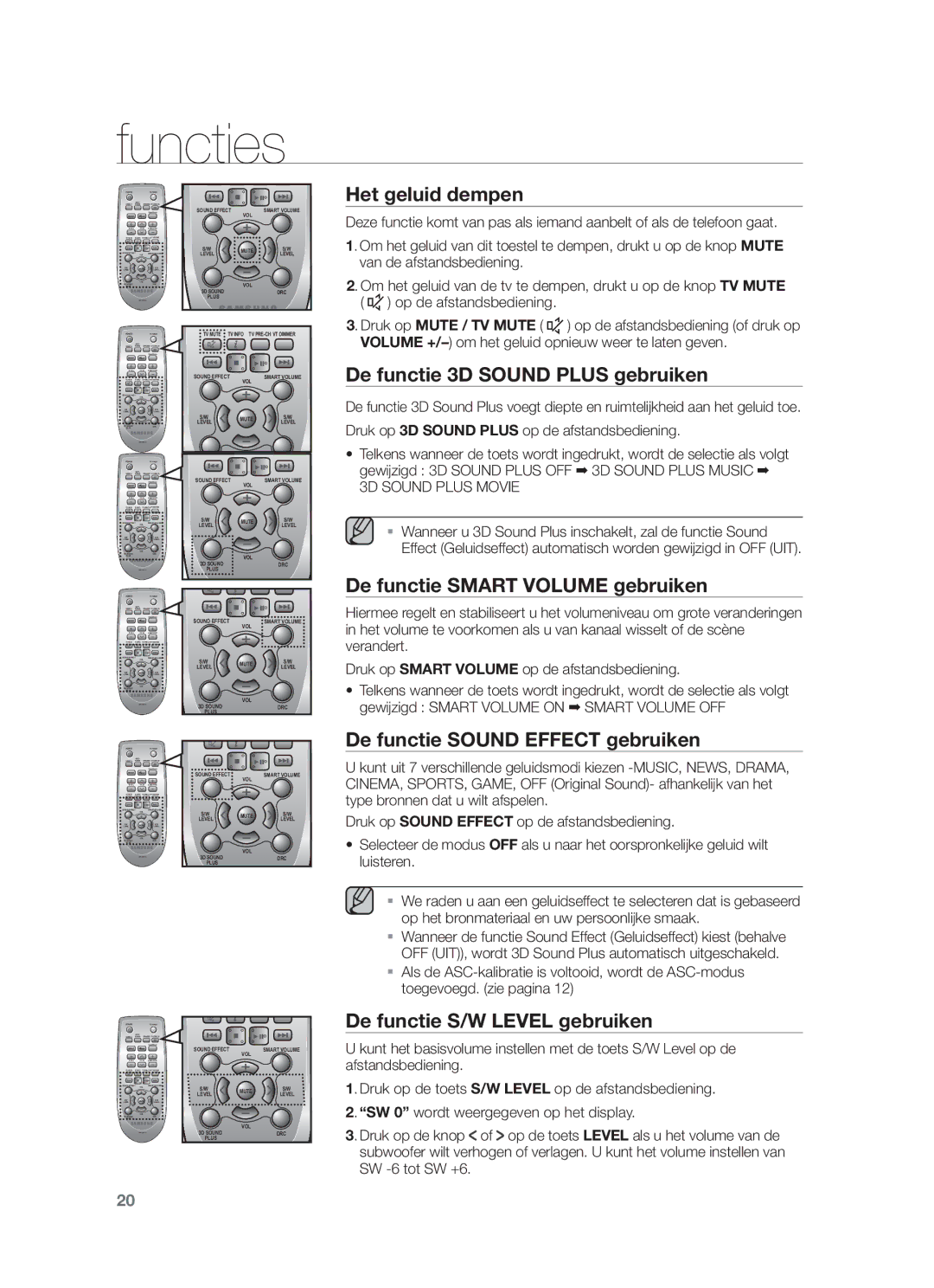 Samsung HW-F750/XN, HW-F751/XN Het geluid dempen, De functie 3D Sound Plus gebruiken, De functie Smart Volume gebruiken 