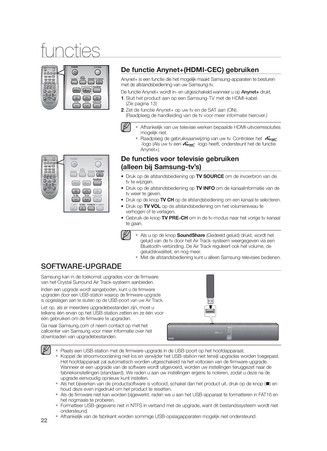 Samsung HW-F750/ZF, HW-F751/XN, HW-F751/TK, HW-F751/EN, HW-F750/XN Software-Upgrade, De functie Anynet+HDMI-CEC gebruiken 