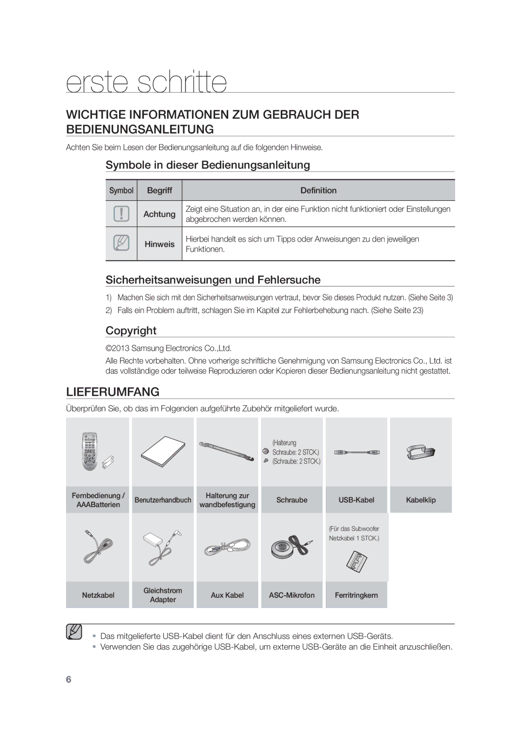 Samsung HW-F751/XN, HW-F751/TK Erste schritte, Wichtige Informationen ZUM Gebrauch DER Bedienungsanleitung, Lieferumfang 