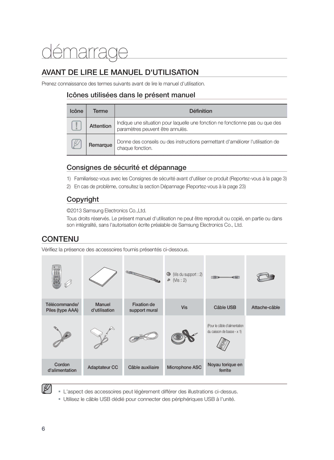 Samsung HW-F751/ZF, HW-F751/XN, HW-F751/TK, HW-F751/EN, HW-F750/XN Démarrage, Avant DE Lire LE Manuel Dutilisation, Contenu 