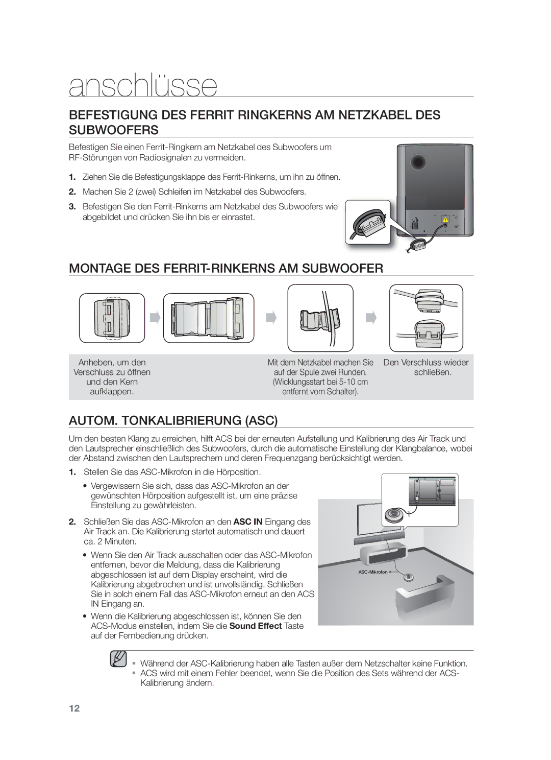 Samsung HW-F751/ZF, HW-F751/XN, HW-F751/TK Montage DES FERRIT-RINKERNS AM Subwoofer, AUTOM. Tonkalibrierung ASC, Schließen 