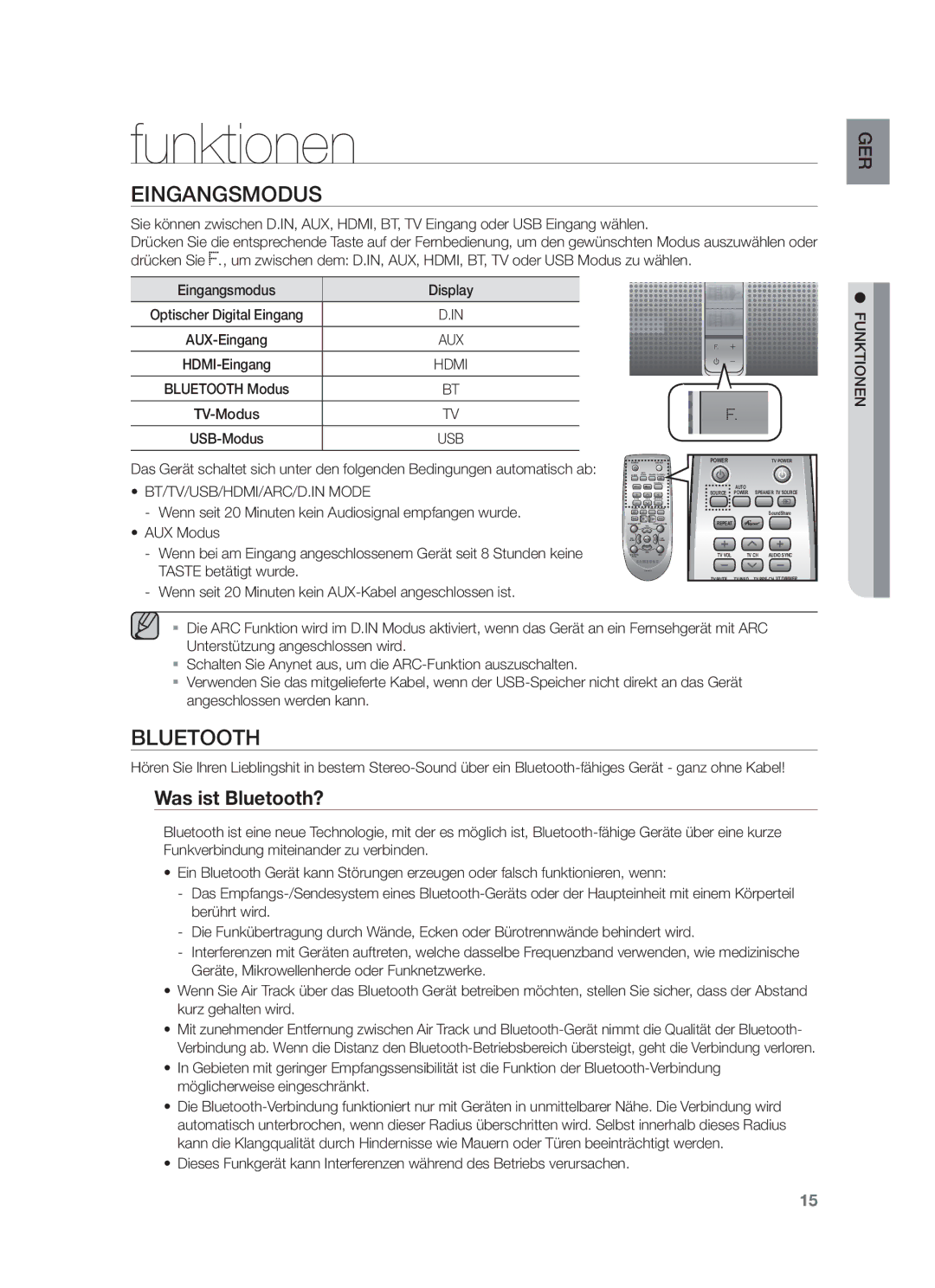 Samsung HW-F751/EN, HW-F751/XN, HW-F751/TK manual Funktionen, Eingangsmodus, Was ist Bluetooth?, BT/TV/USB/HDMI/ARC/D.IN Mode 