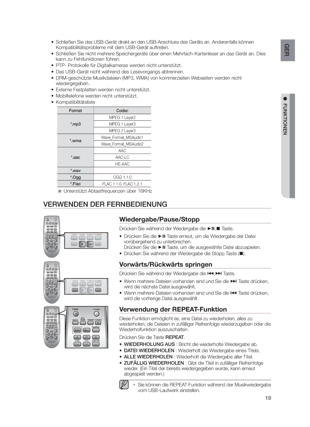 Samsung HW-F751/ZF, HW-F751/XN, HW-F751/TK Verwenden DER Fernbedienung, Wiedergabe/Pause/Stopp, Vorwärts/Rückwärts springen 