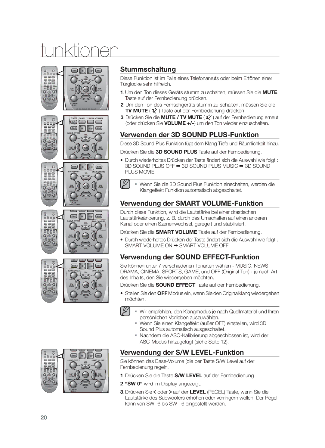 Samsung HW-F751/XN, HW-F751/TK Stummschaltung, Verwenden der 3D Sound PLUS-Funktion, Verwendung der Smart VOLUME-Funktion 