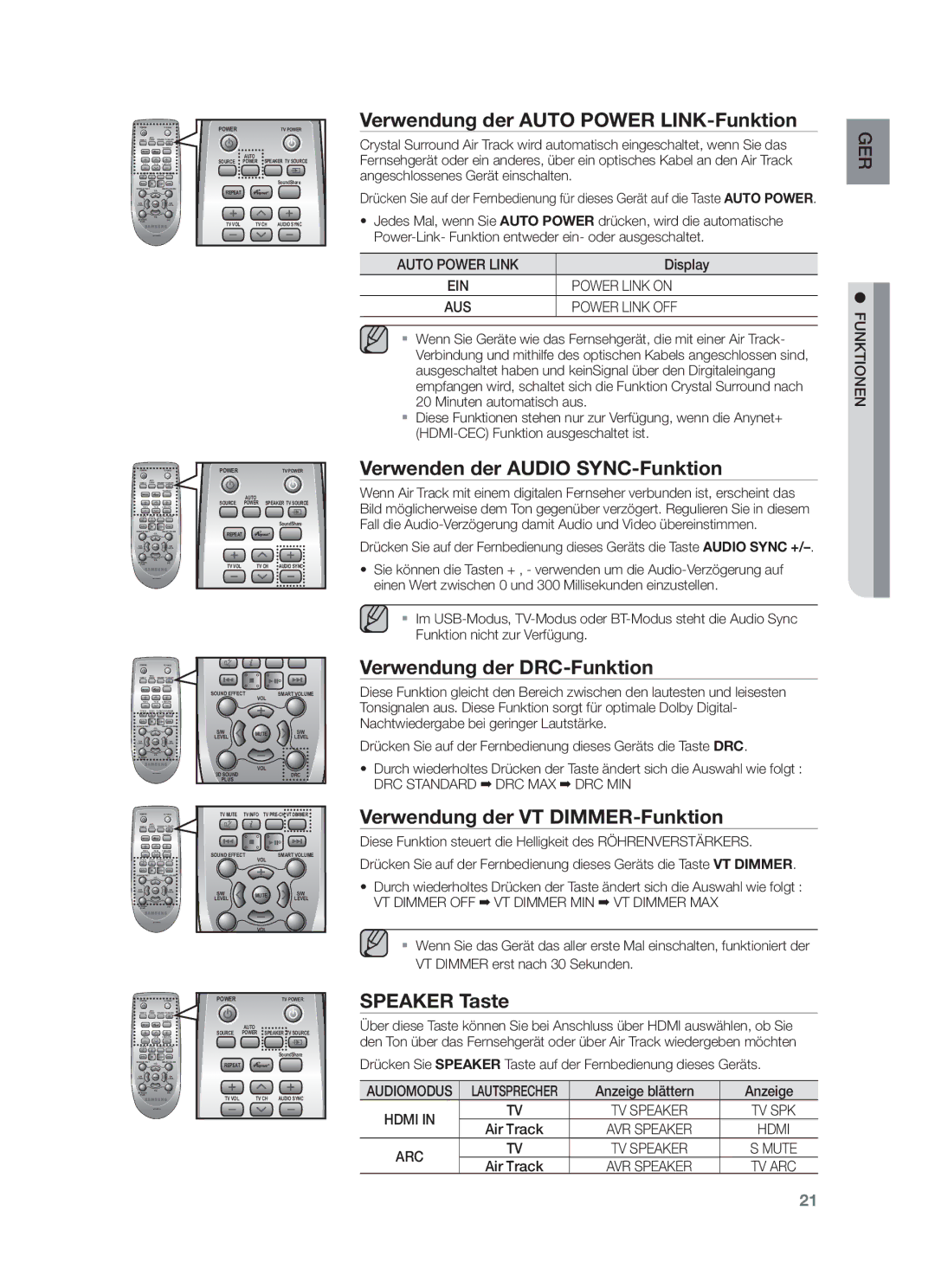 Samsung HW-F751/TK Verwendung der Auto Power LINK-Funktion, Verwenden der Audio SYNC-Funktion, Verwendung der DRC-Funktion 