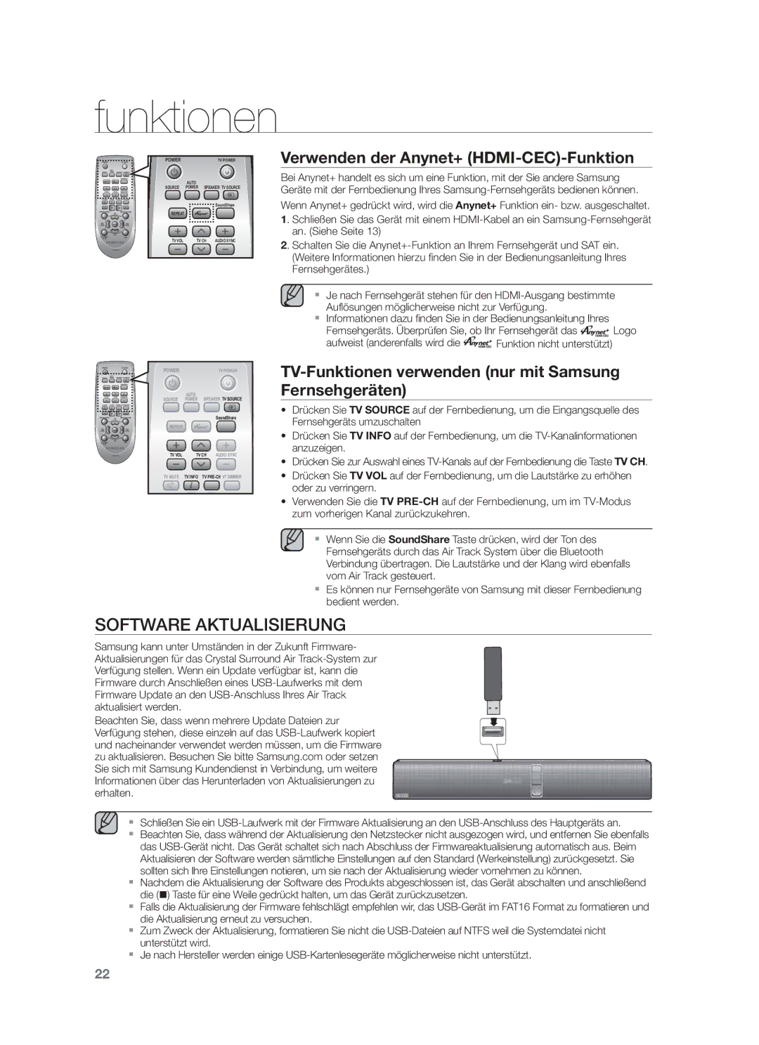 Samsung HW-F751/EN, HW-F751/XN, HW-F751/TK, HW-F750/XN manual Software Aktualisierung, Verwenden der Anynet+ HDMI-CEC-Funktion 