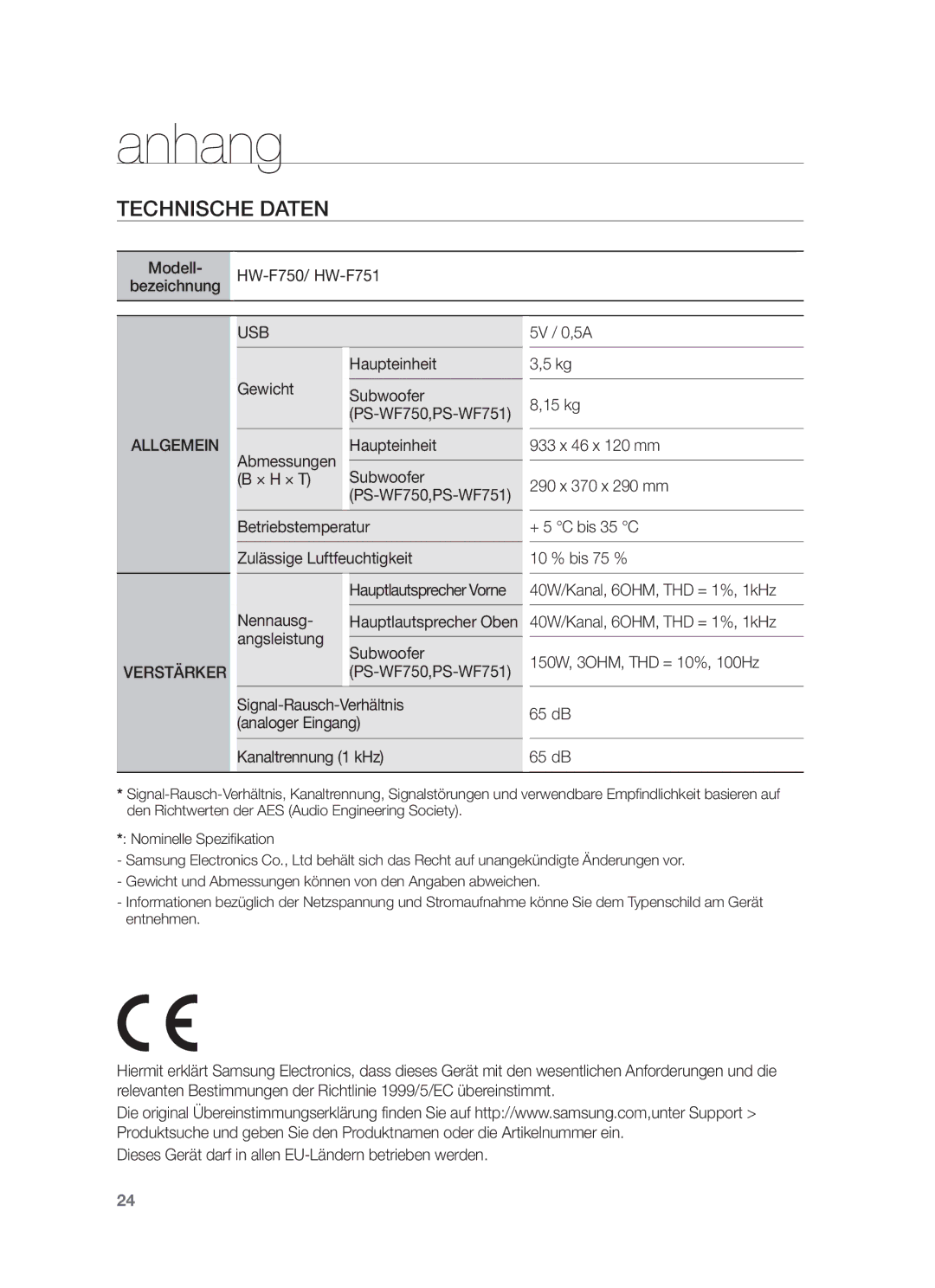 Samsung HW-F750/EN, HW-F751/XN, HW-F751/TK, HW-F751/EN, HW-F750/XN manual Anhang, Technische Daten, Hauptlautsprecher Vorne 