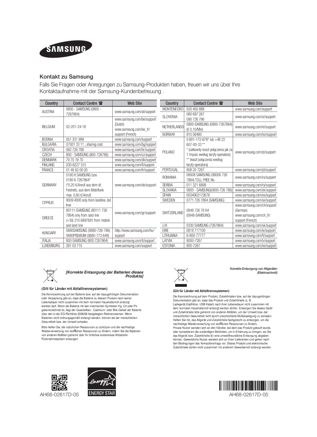 Samsung HW-F750/ZF, HW-F751/XN, HW-F751/TK, HW-F751/EN AH68-02617D-05, Korrekte Entsorgung der Batterien dieses Produkts 