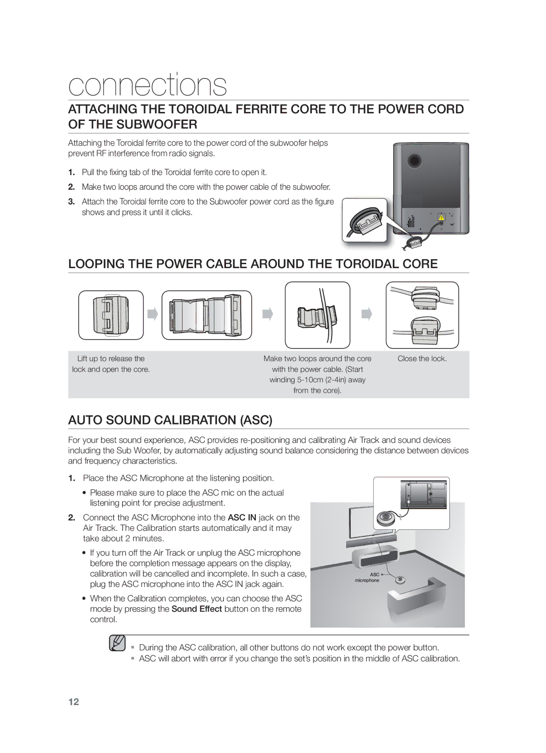 Samsung HW-F751/XN, HW-F751/TK, HW-F751/EN Looping the Power Cable around the Toroidal Core, Auto Sound Calibration ASC 