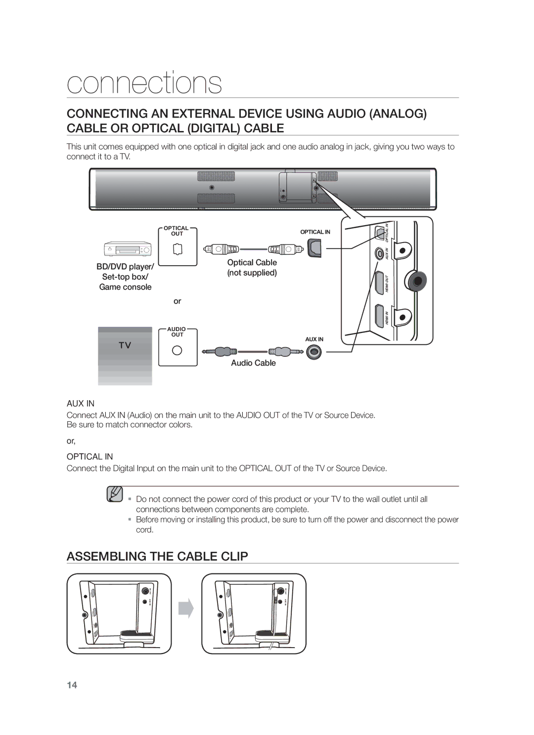 Samsung HW-F751/EN, HW-F751/XN, HW-F751/TK manual Assembling the Cable Clip, Aux, Optical 