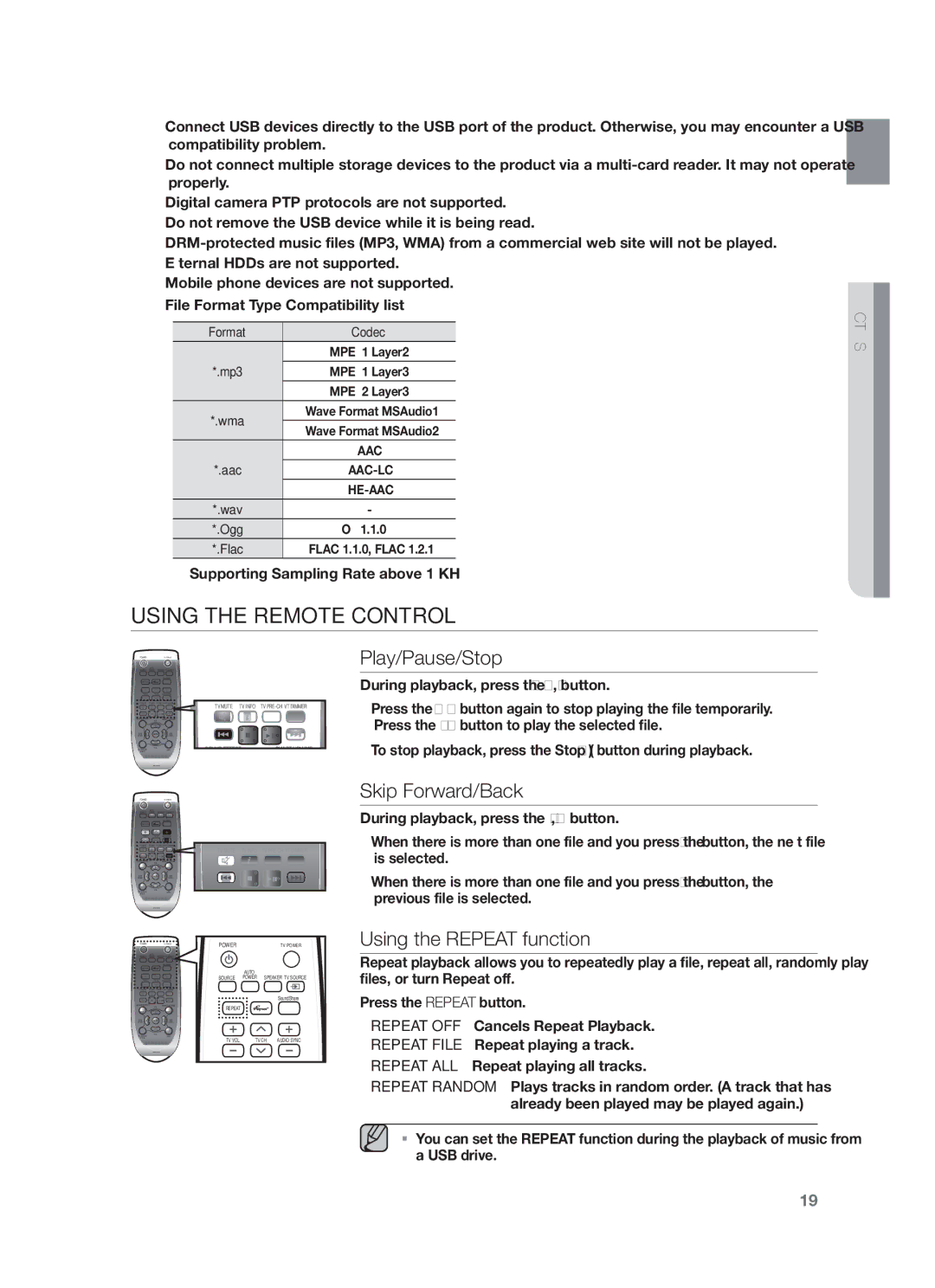 Samsung HW-F751/TK, HW-F751/XN Using the Remote Control, Play/Pause/Stop, Skip Forward/Back, Using the Repeat function 