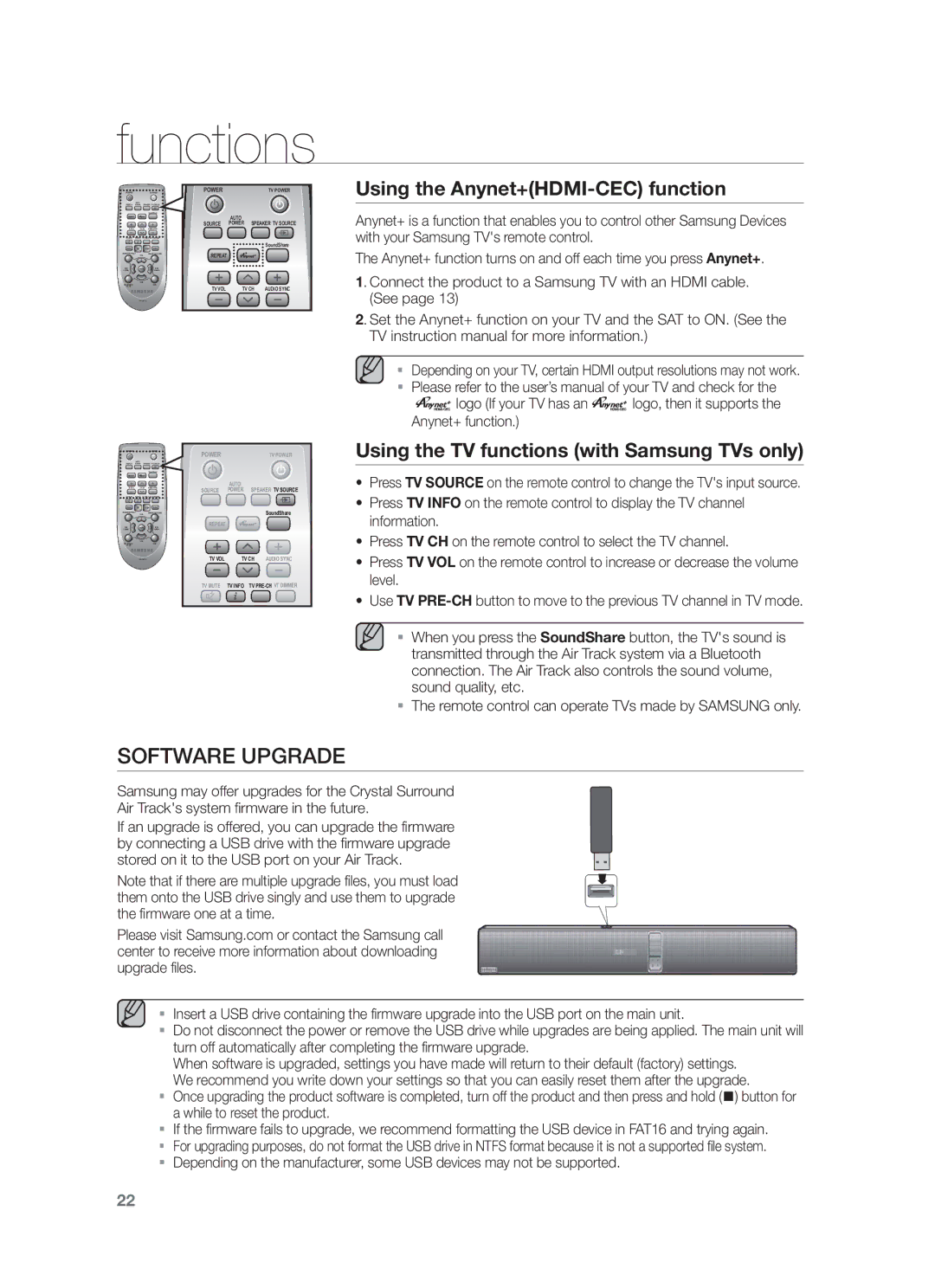 Samsung HW-F751/TK Software Upgrade, Using the Anynet+HDMI-CEC function, Using the TV functions with Samsung TVs only 