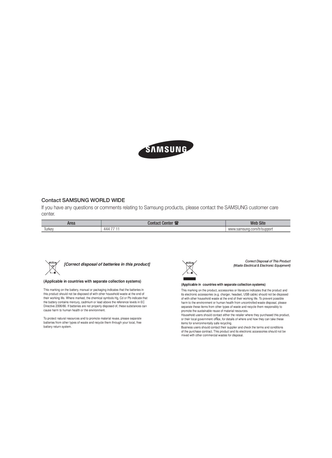 Samsung HW-F751/TK, HW-F751/XN, HW-F751/EN manual Area Contact Center Web Site 