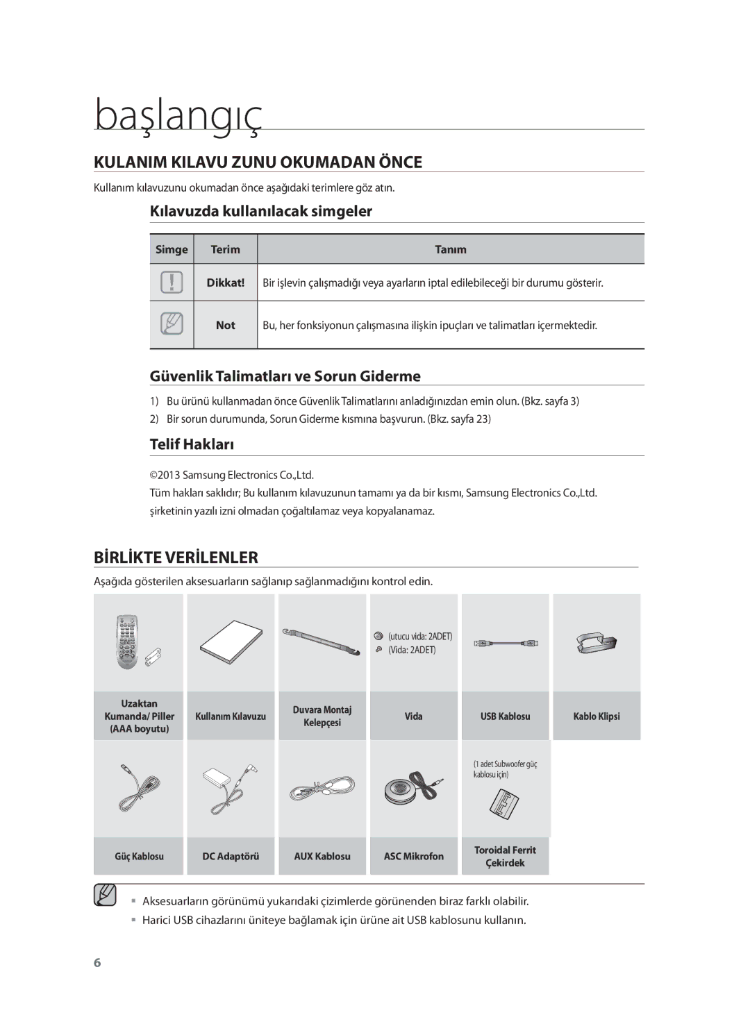 Samsung HW-F751/TK, HW-F751/XN, HW-F751/EN manual Başlangıç, Kulanim Kilavu Zunu Okumadan Önce, Bİrlİkte Verİlenler 