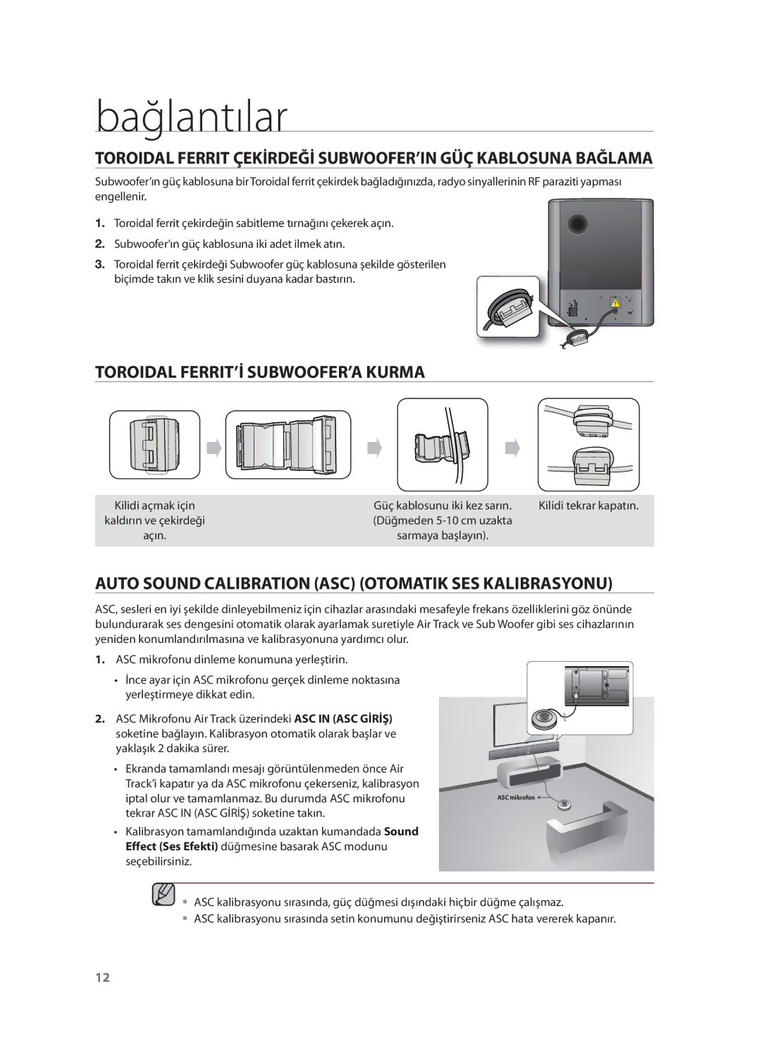 Samsung HW-F751/TK, HW-F751/XN Toroidal FERRIT’İ SUBWOOFER’A Kurma, Auto Sound Calibration ASC Otomatik SES Kalibrasyonu 