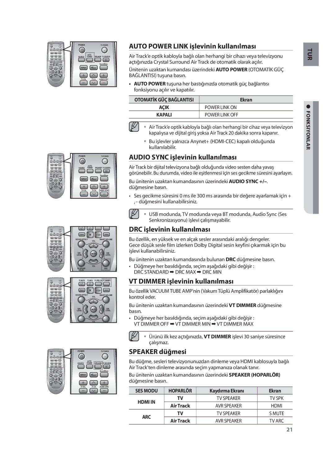 Samsung HW-F751/TK Auto Power Link işlevinin kullanılması, Audio Sync işlevinin kullanılması, DRC işlevinin kullanılması 