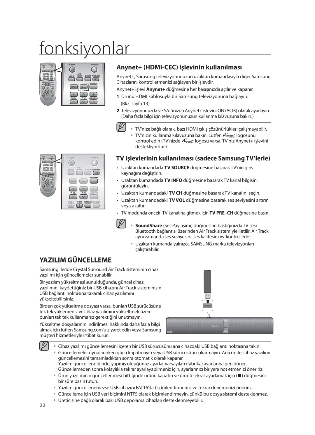 Samsung HW-F751/EN manual Anynet+ HDMI-CEC işlevinin kullanılması, TV işlevlerinin kullanılması sadece Samsung TV’lerle 