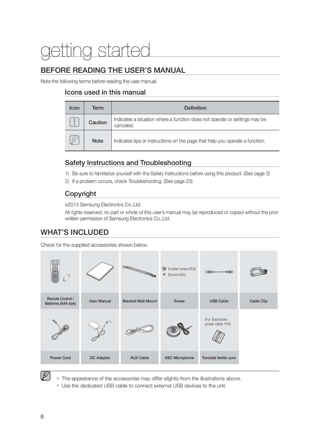 Samsung HW-F751/XN, HW-F751/TK, HW-F751/EN manual Getting started, Before Reading the USER’S Manual, WHAT’S Included 