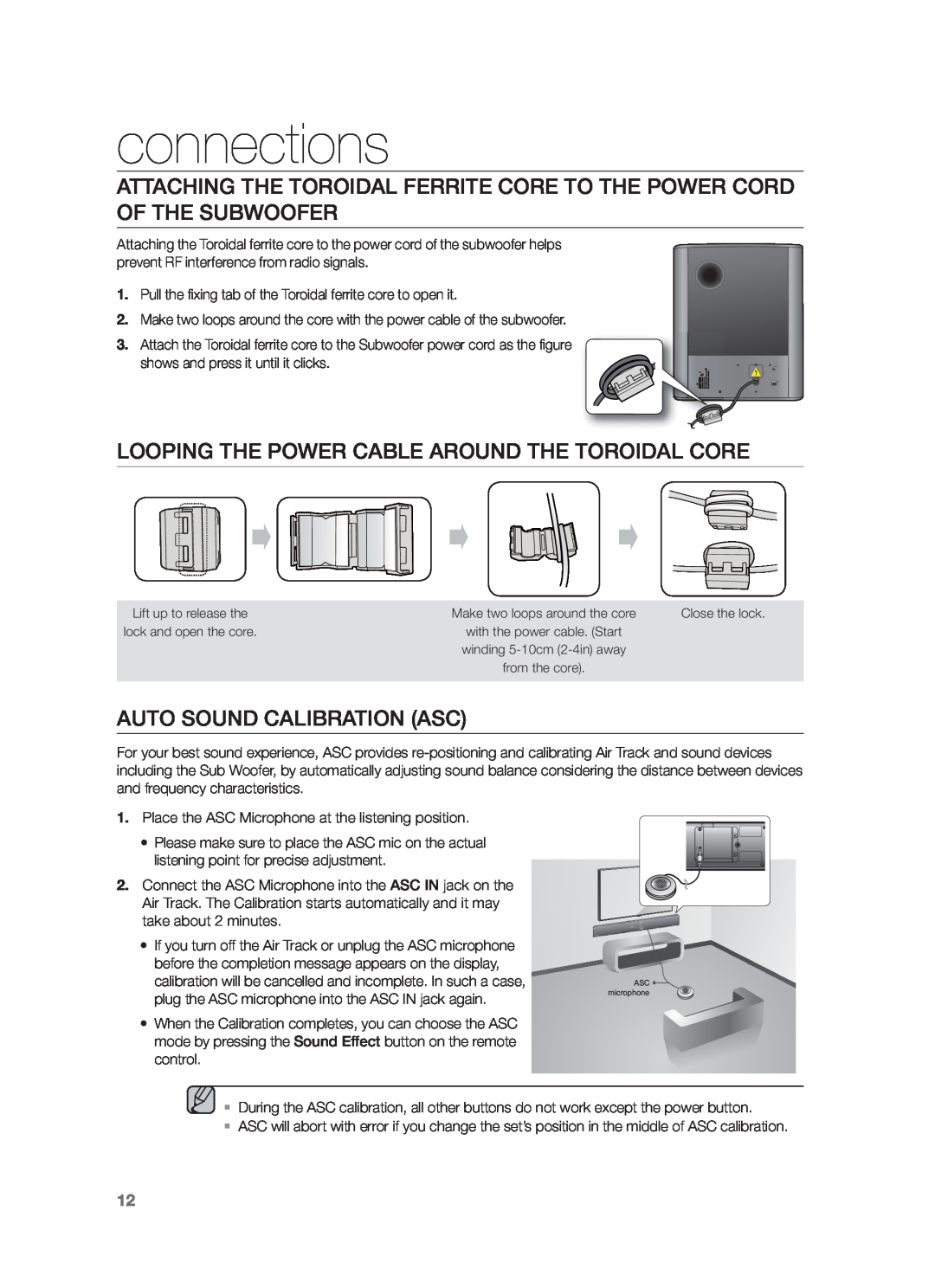 Samsung HW-F751/XN, HW-F751/TK Looping The Power Cable Around The Toroidal Core, Auto Sound Calibration Asc, connections 