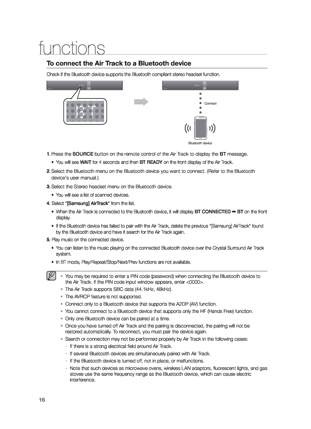 Samsung HW-F751/TK, HW-F751/XN, HW-F751/EN manual To connect the Air Track to a Bluetooth device, functions 