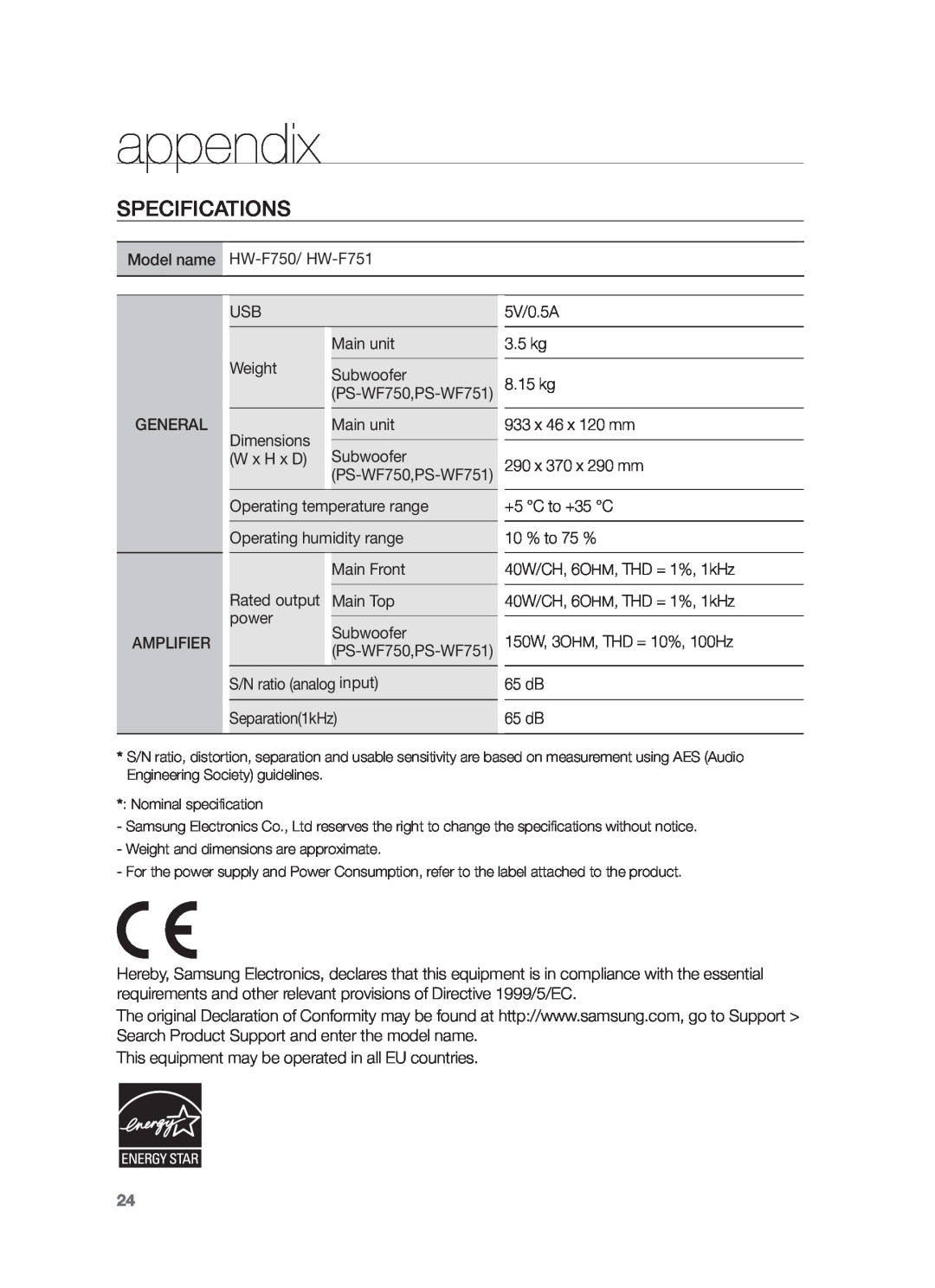 Samsung HW-F751/XN, HW-F751/TK, HW-F751/EN manual appendix, Specifications 