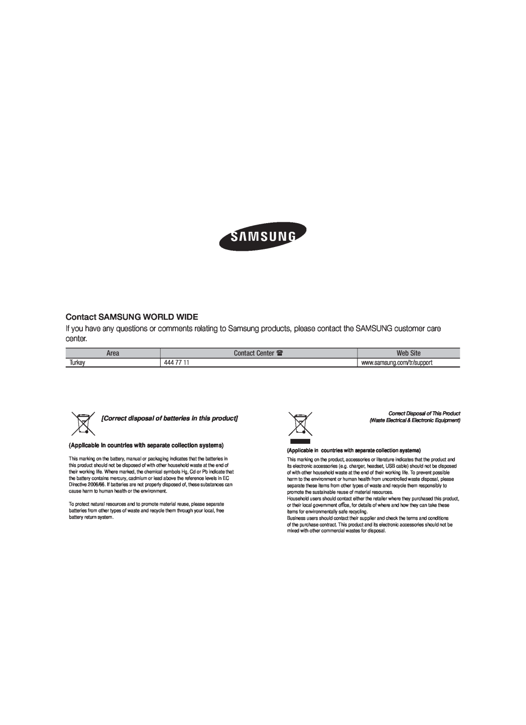 Samsung HW-F751/TK Correct disposal of batteries in this product, Applicable in countries with separate collection systems 